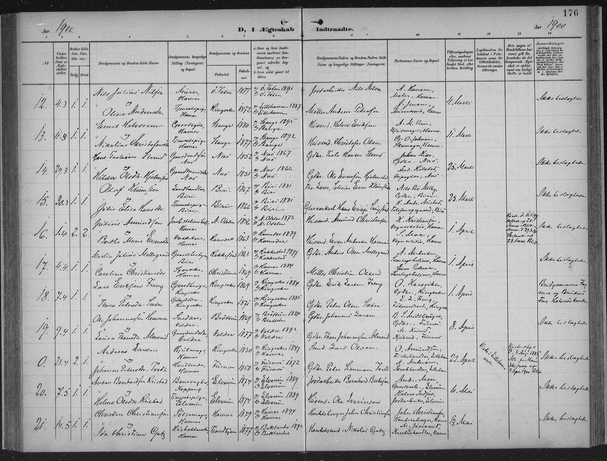 Hamar prestekontor, AV/SAH-DOMPH-002/H/Ha/Haa/L0001: Parish register (official) no. 1, 1900-1914, p. 176