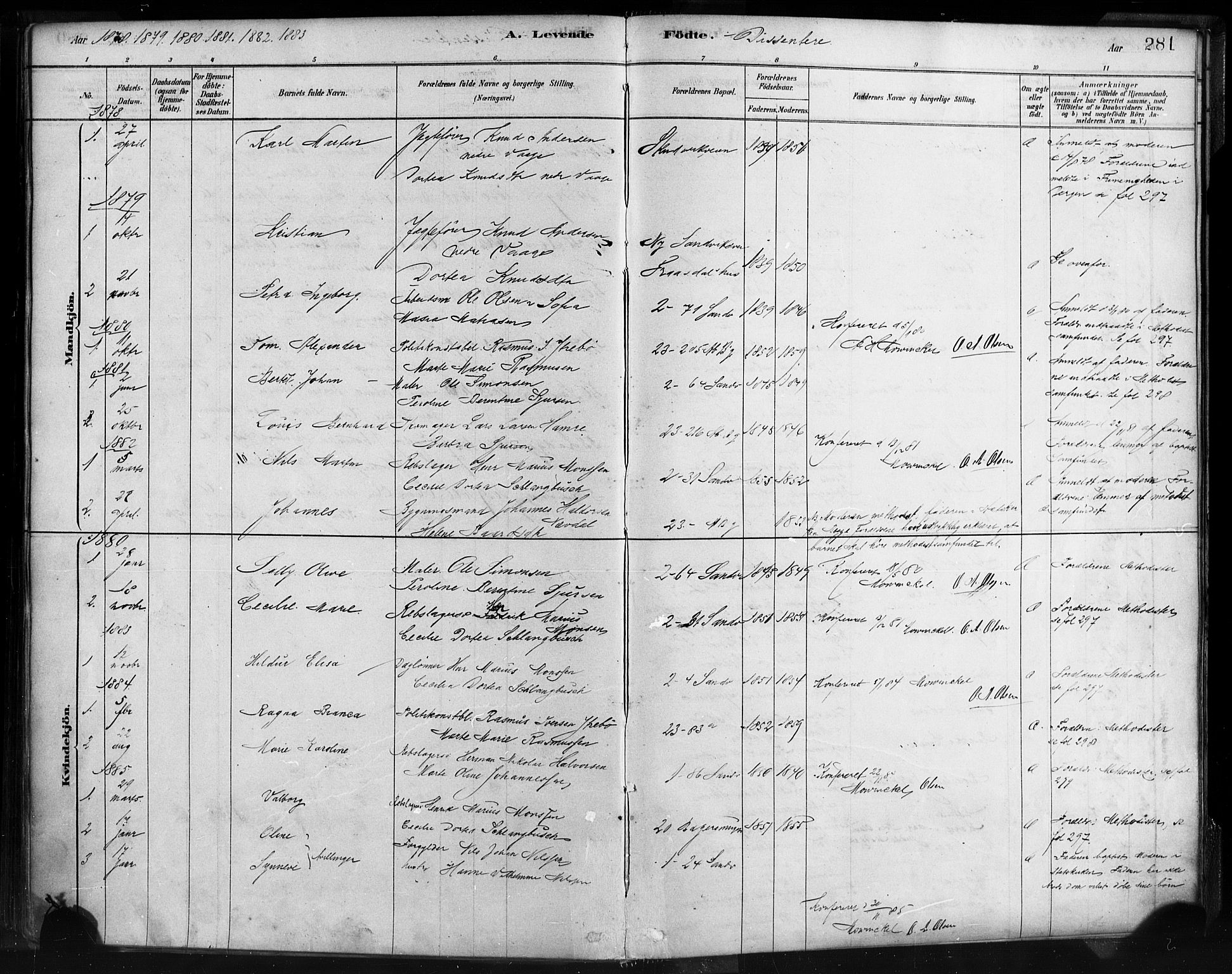 Sandviken Sokneprestembete, SAB/A-77601/H/Ha/L0004: Parish register (official) no. B 1, 1878-1891, p. 281