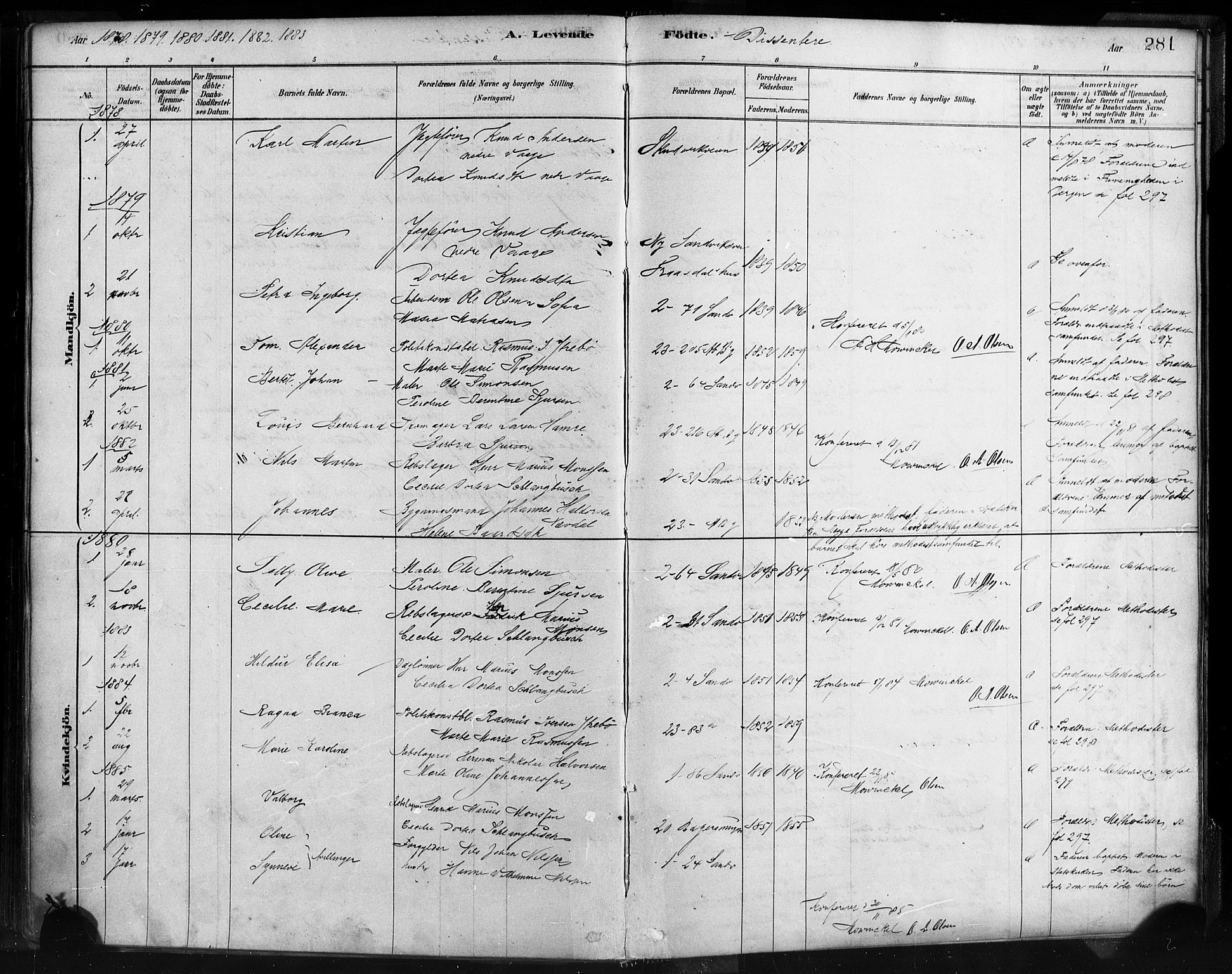 Sandviken Sokneprestembete, AV/SAB-A-77601/H/Ha/L0004: Parish register (official) no. B 1, 1878-1891, p. 281