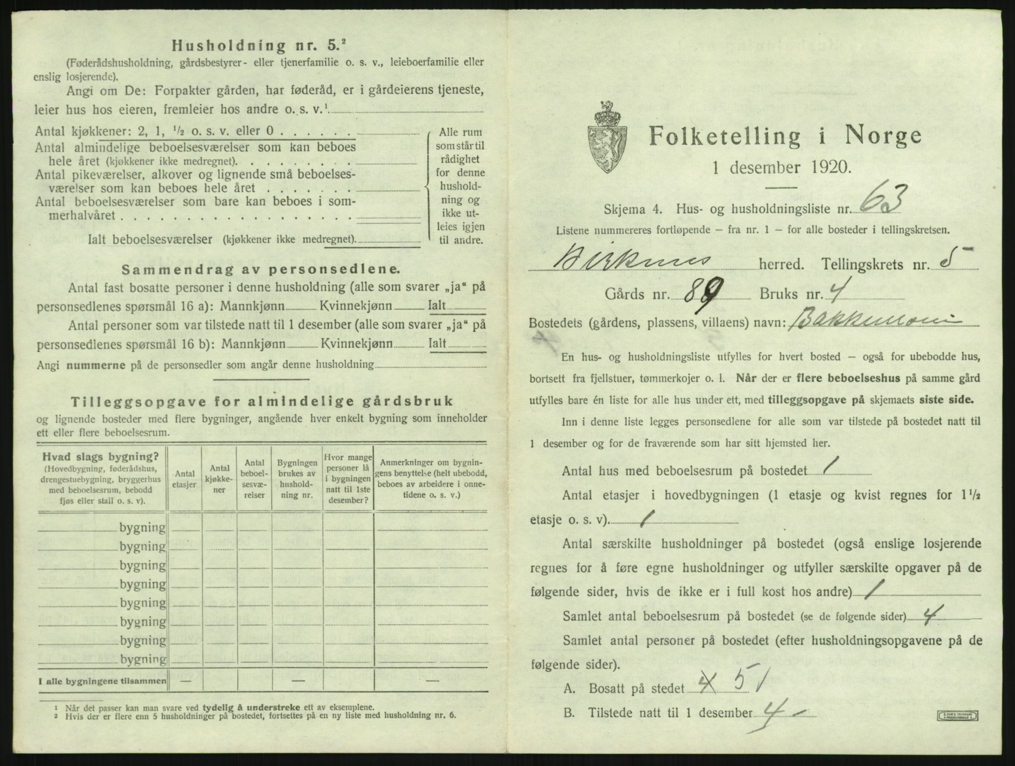 SAK, 1920 census for Birkenes, 1920, p. 569