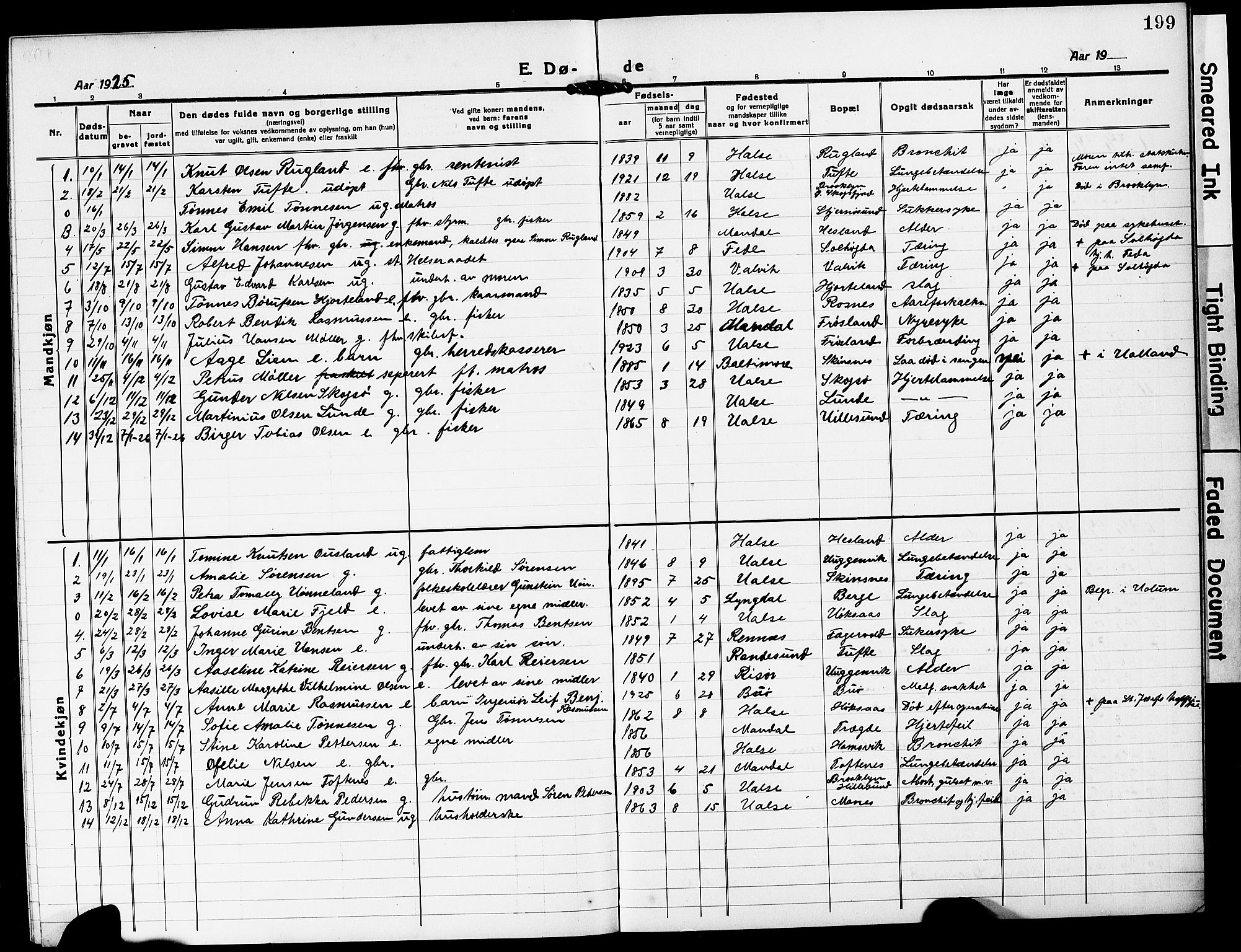 Mandal sokneprestkontor, SAK/1111-0030/F/Fb/Fba/L0013: Parish register (copy) no. B 7, 1918-1931, p. 199