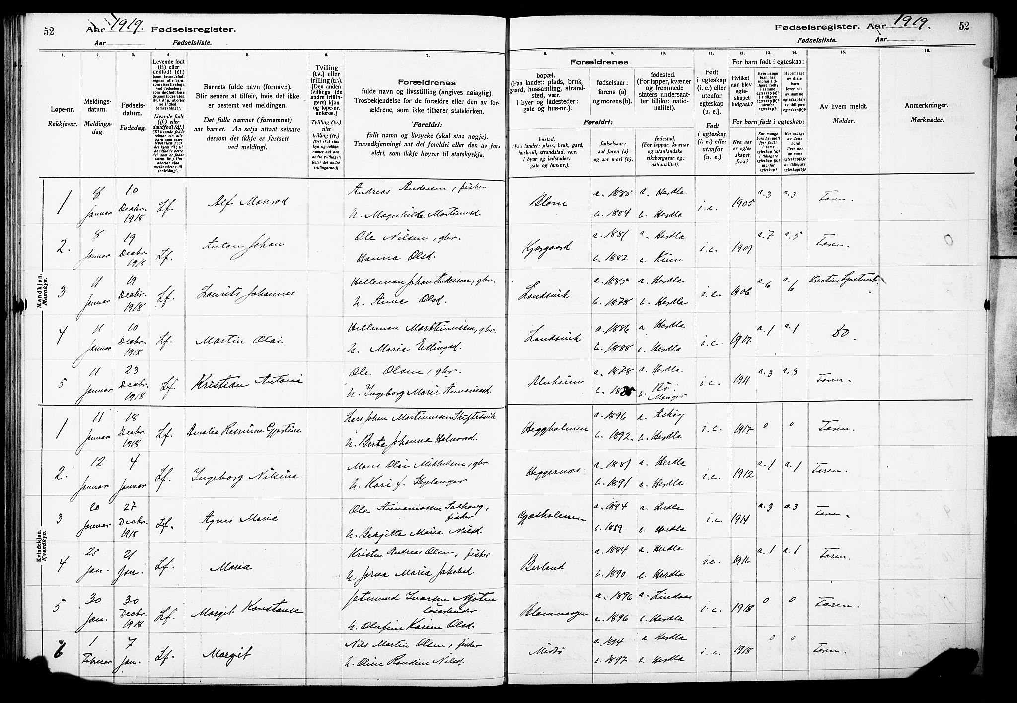 Herdla Sokneprestembete, SAB/A-75701/I/Id/L00A1: Birth register no. A 1, 1916-1929, p. 52