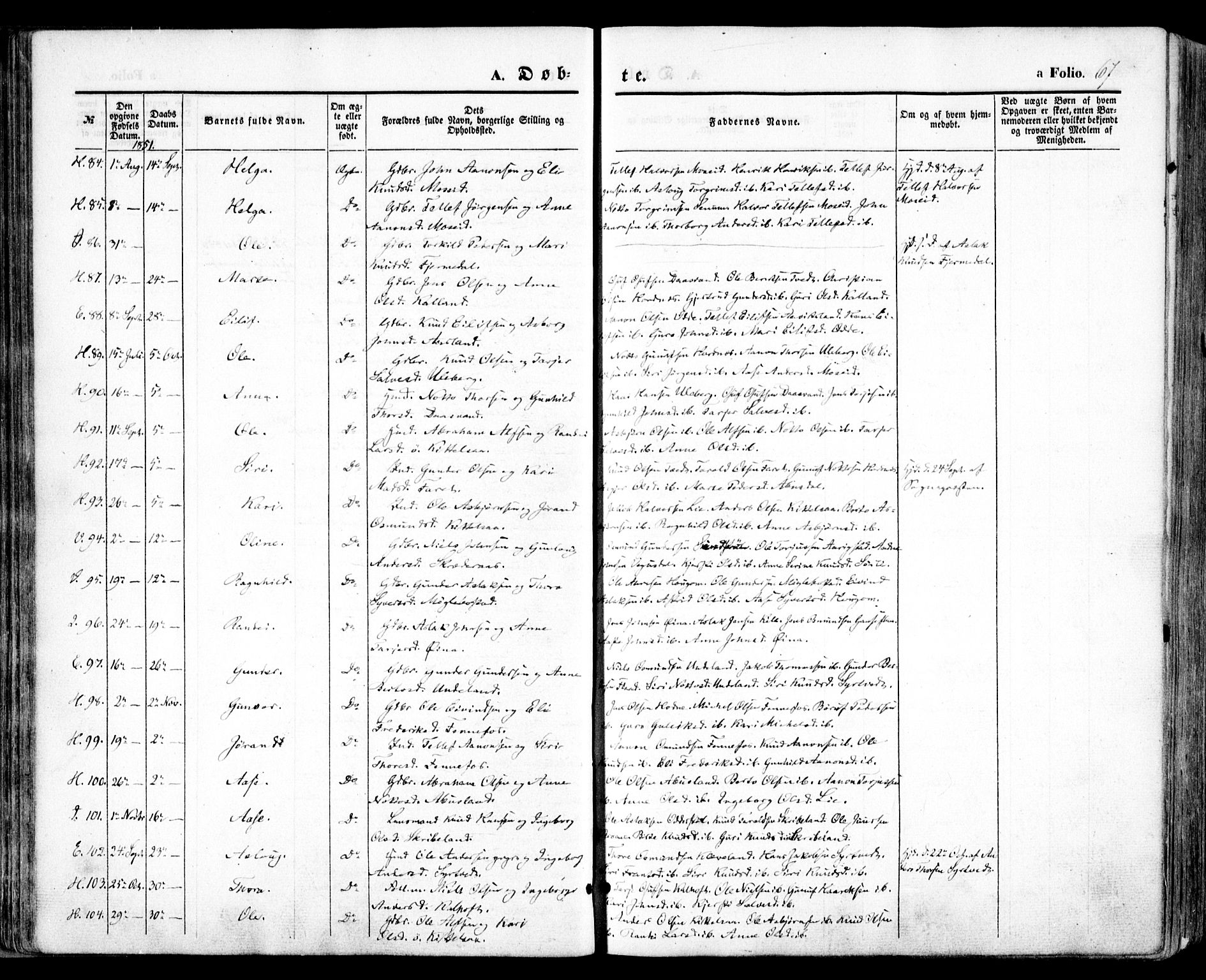 Evje sokneprestkontor, AV/SAK-1111-0008/F/Fa/Faa/L0005: Parish register (official) no. A 5, 1843-1865, p. 67