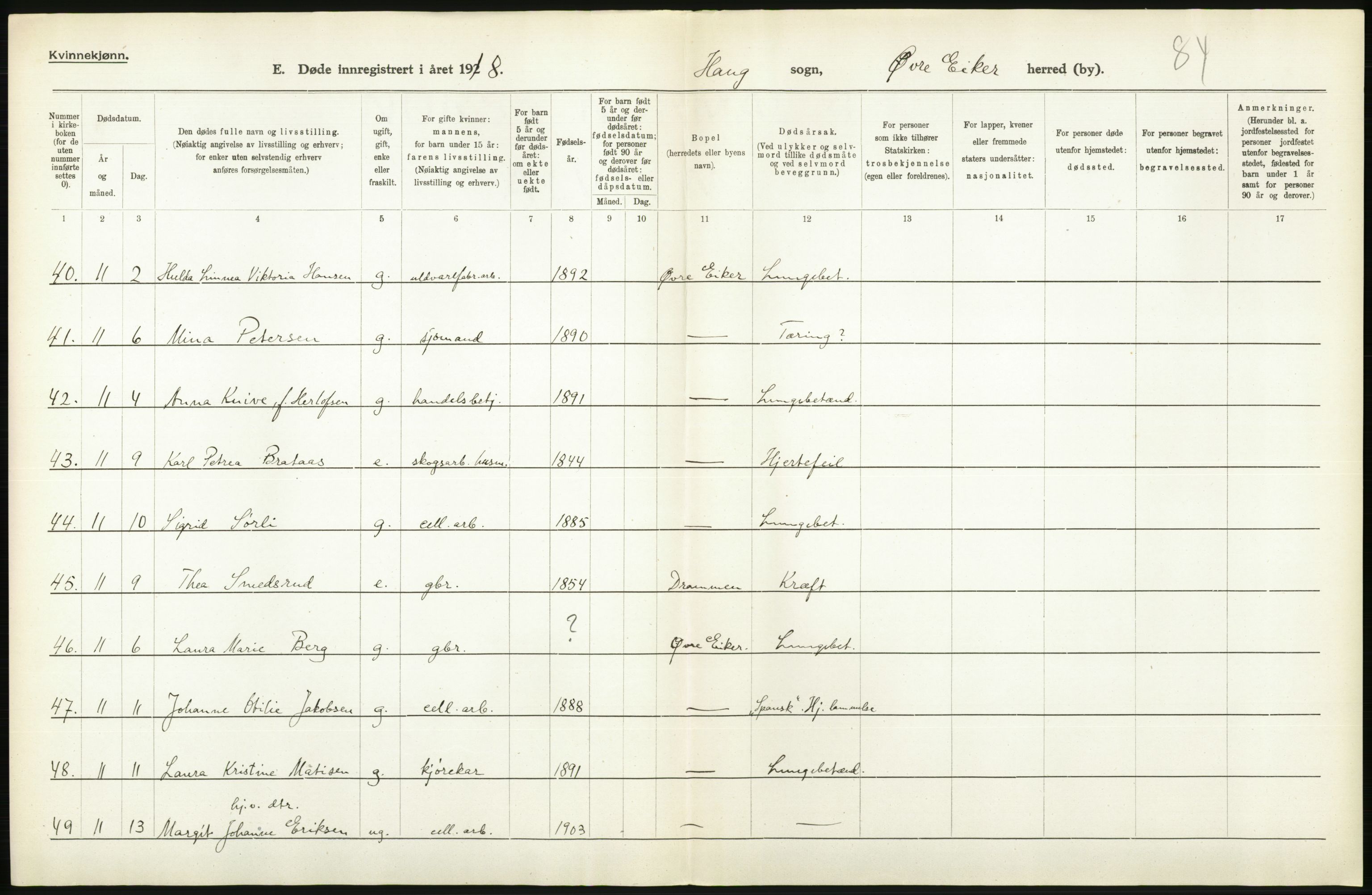 Statistisk sentralbyrå, Sosiodemografiske emner, Befolkning, AV/RA-S-2228/D/Df/Dfb/Dfbh/L0020: Buskerud fylke: Døde. Bygder og byer., 1918, p. 330