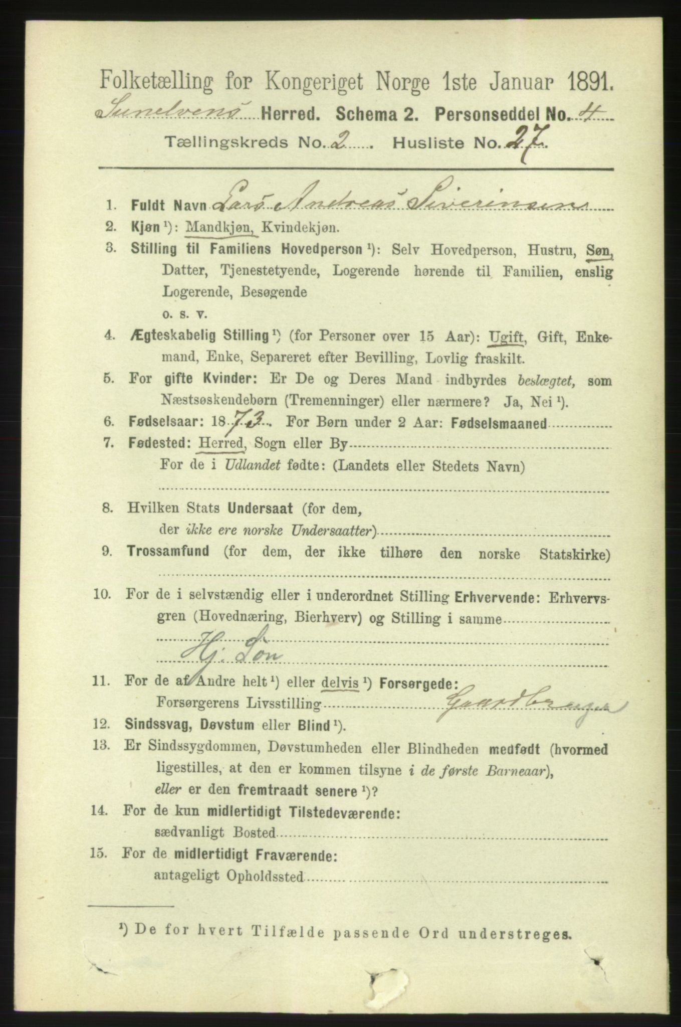 RA, 1891 census for 1523 Sunnylven, 1891, p. 580