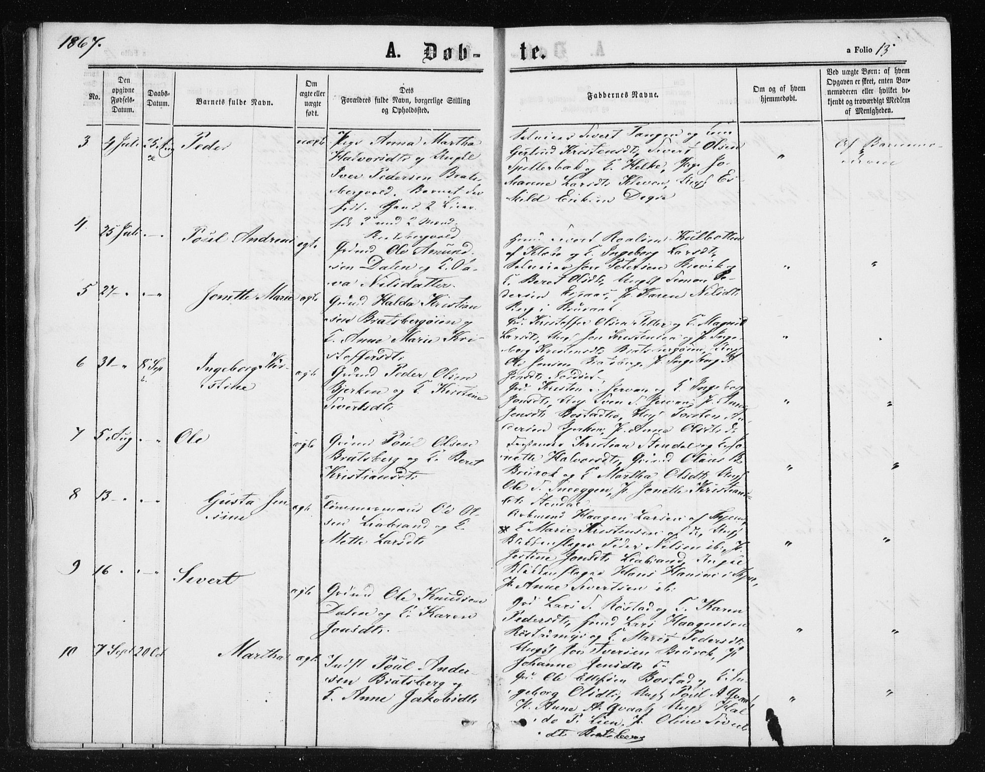 Ministerialprotokoller, klokkerbøker og fødselsregistre - Sør-Trøndelag, SAT/A-1456/608/L0333: Parish register (official) no. 608A02, 1862-1876, p. 13
