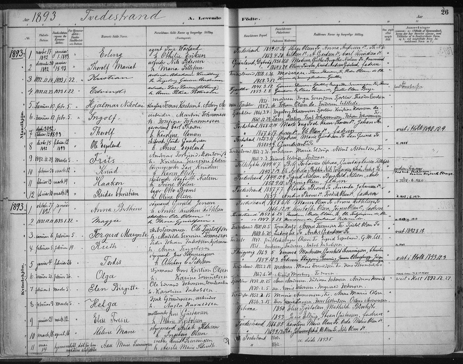 Tvedestrand sokneprestkontor, SAK/1111-0042/F/Fa/L0001: Parish register (official) no. A 1, 1885-1916, p. 26