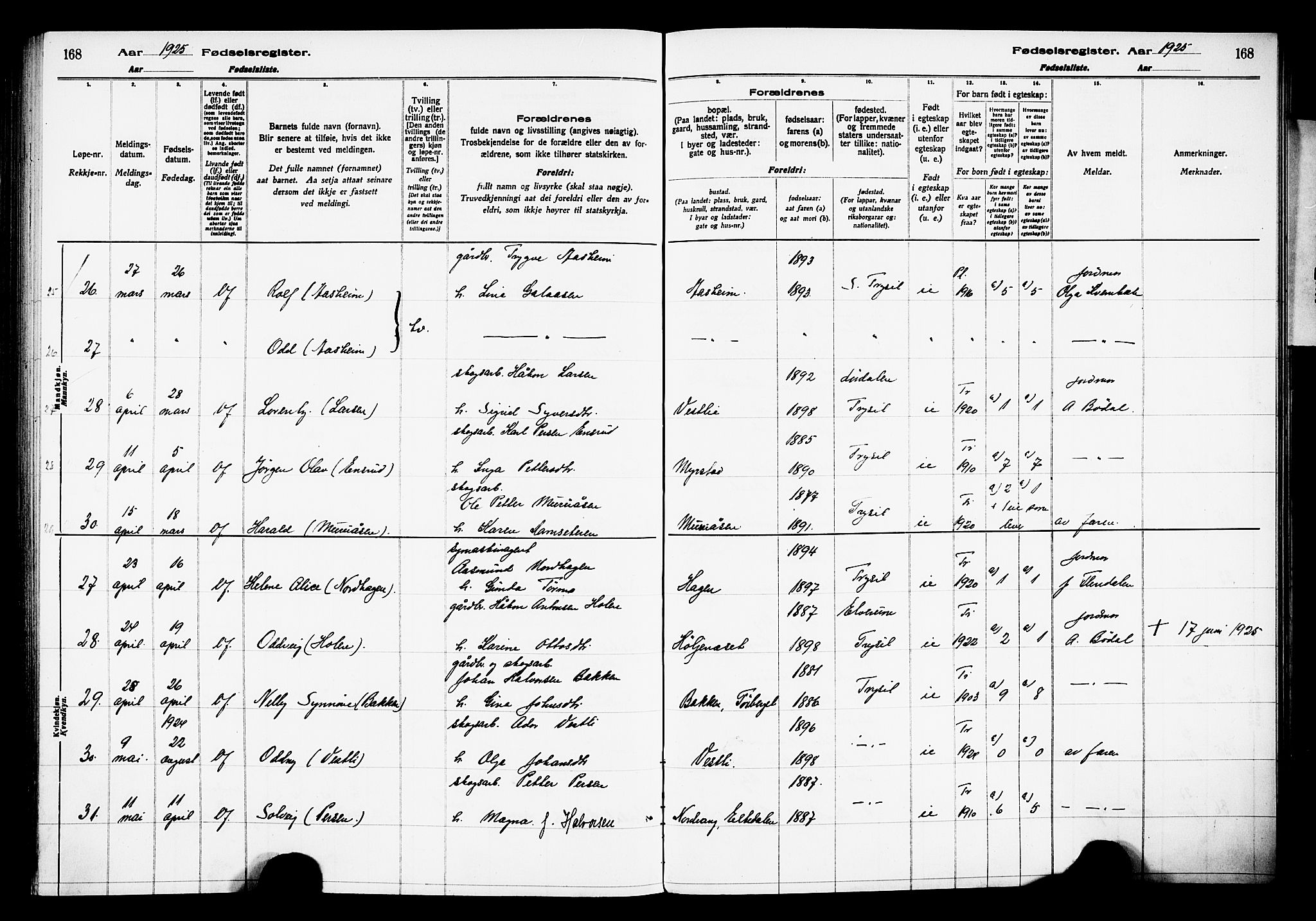 Trysil prestekontor, AV/SAH-PREST-046/I/Id/Ida/L0001: Birth register no. I 1, 1916-1927, p. 168