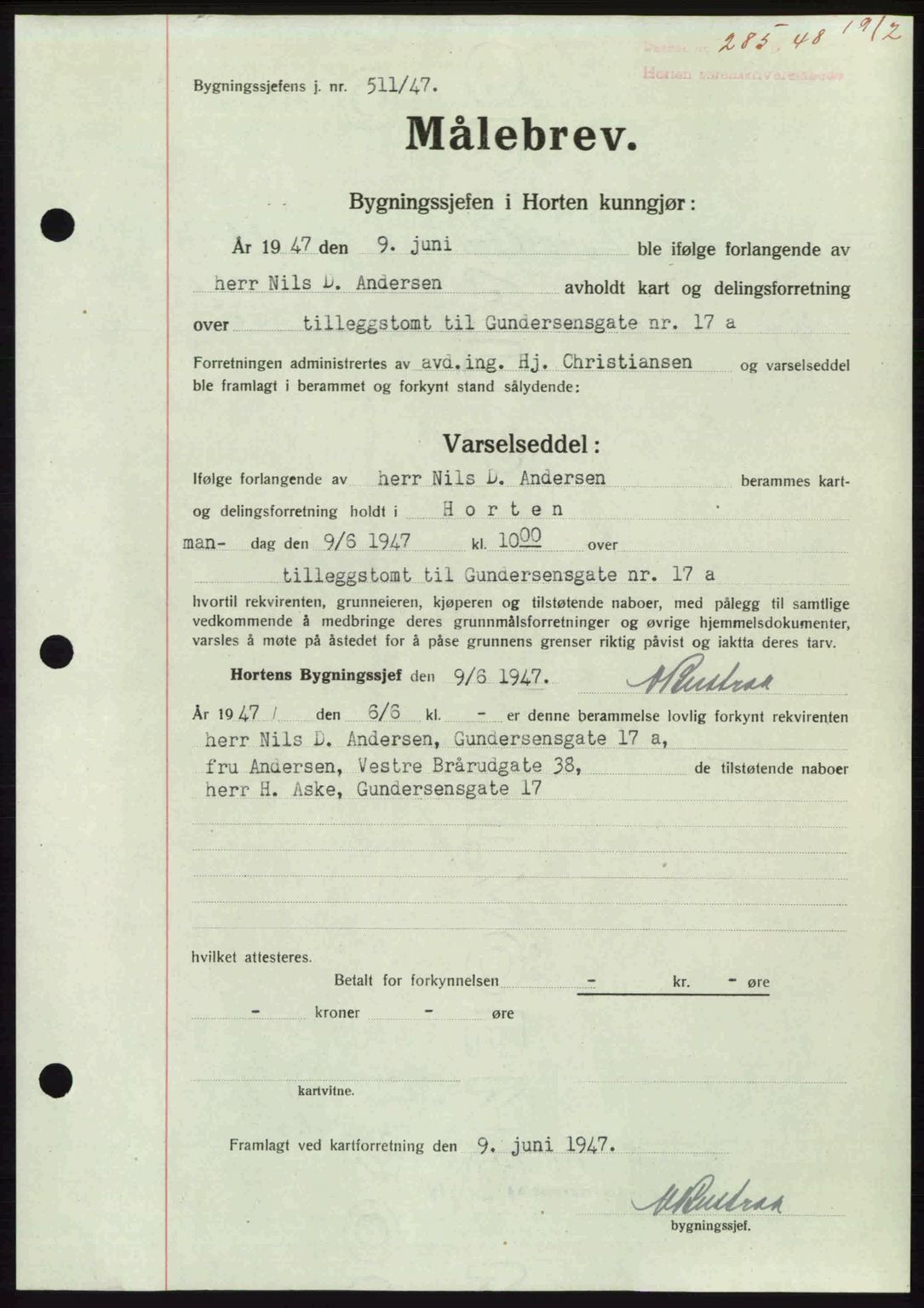 Horten sorenskriveri, AV/SAKO-A-133/G/Ga/Gaa/L0010: Mortgage book no. A-10, 1947-1948, Diary no: : 285/1948