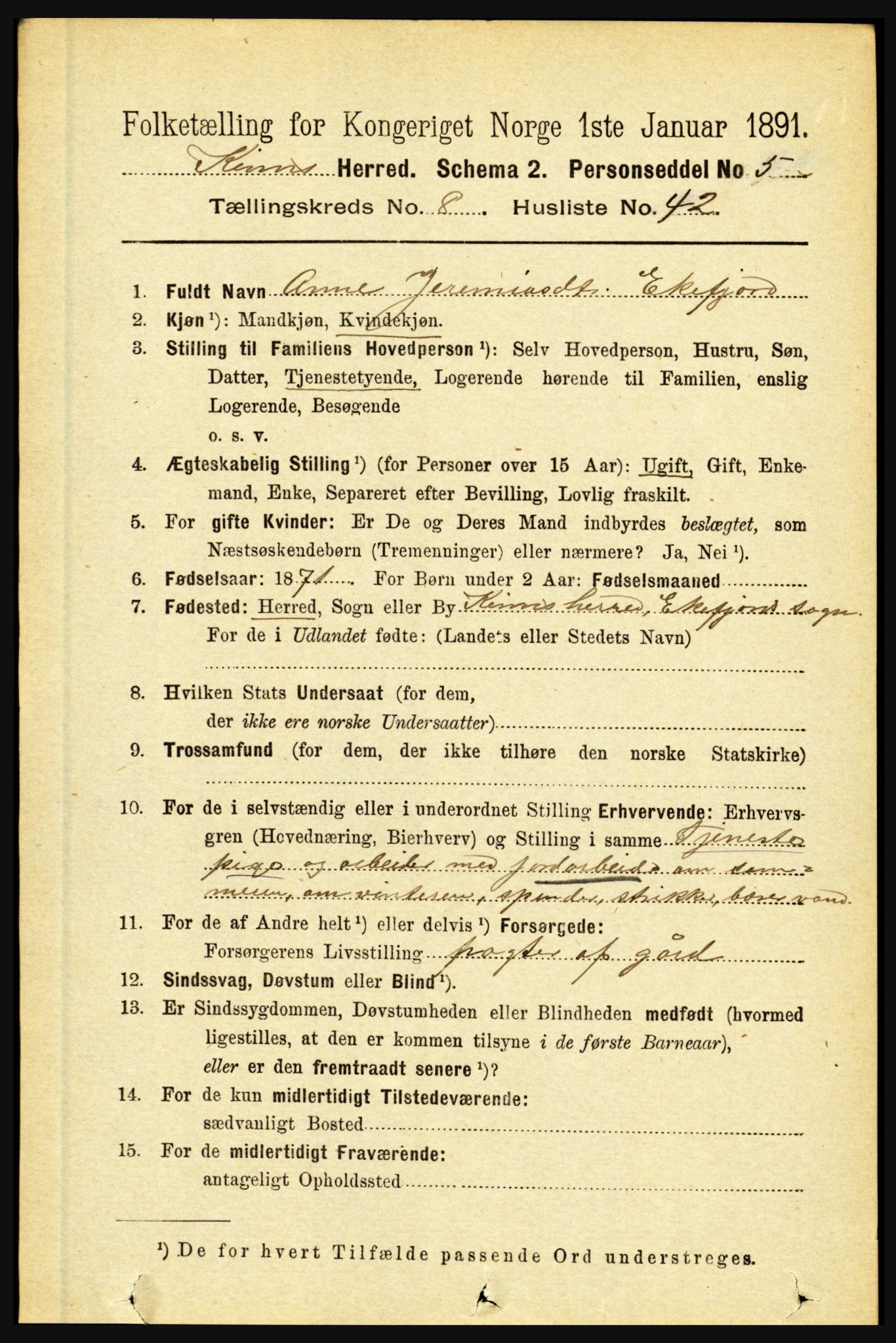RA, 1891 census for 1437 Kinn, 1891, p. 3374