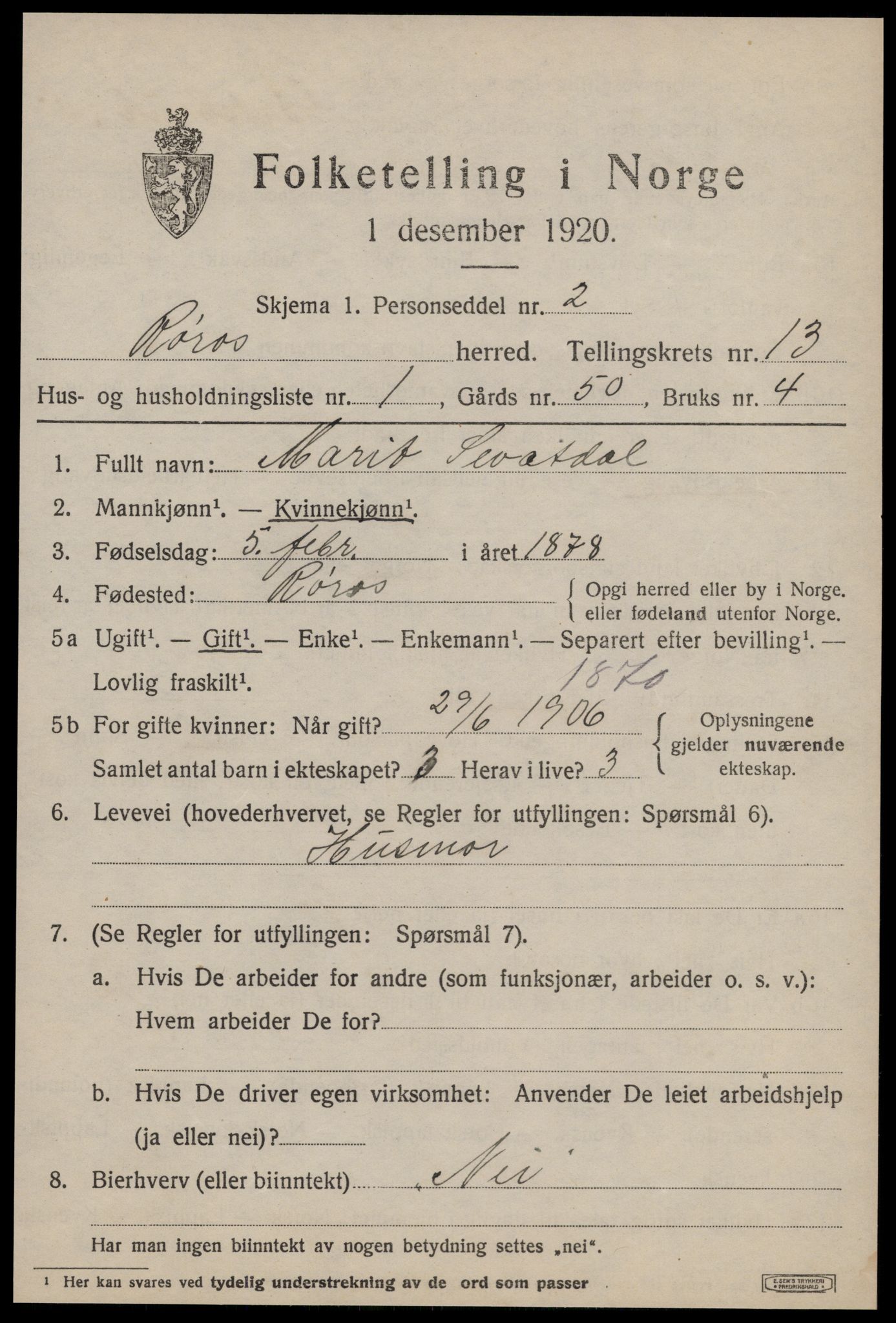 SAT, 1920 census for Røros, 1920, p. 9366