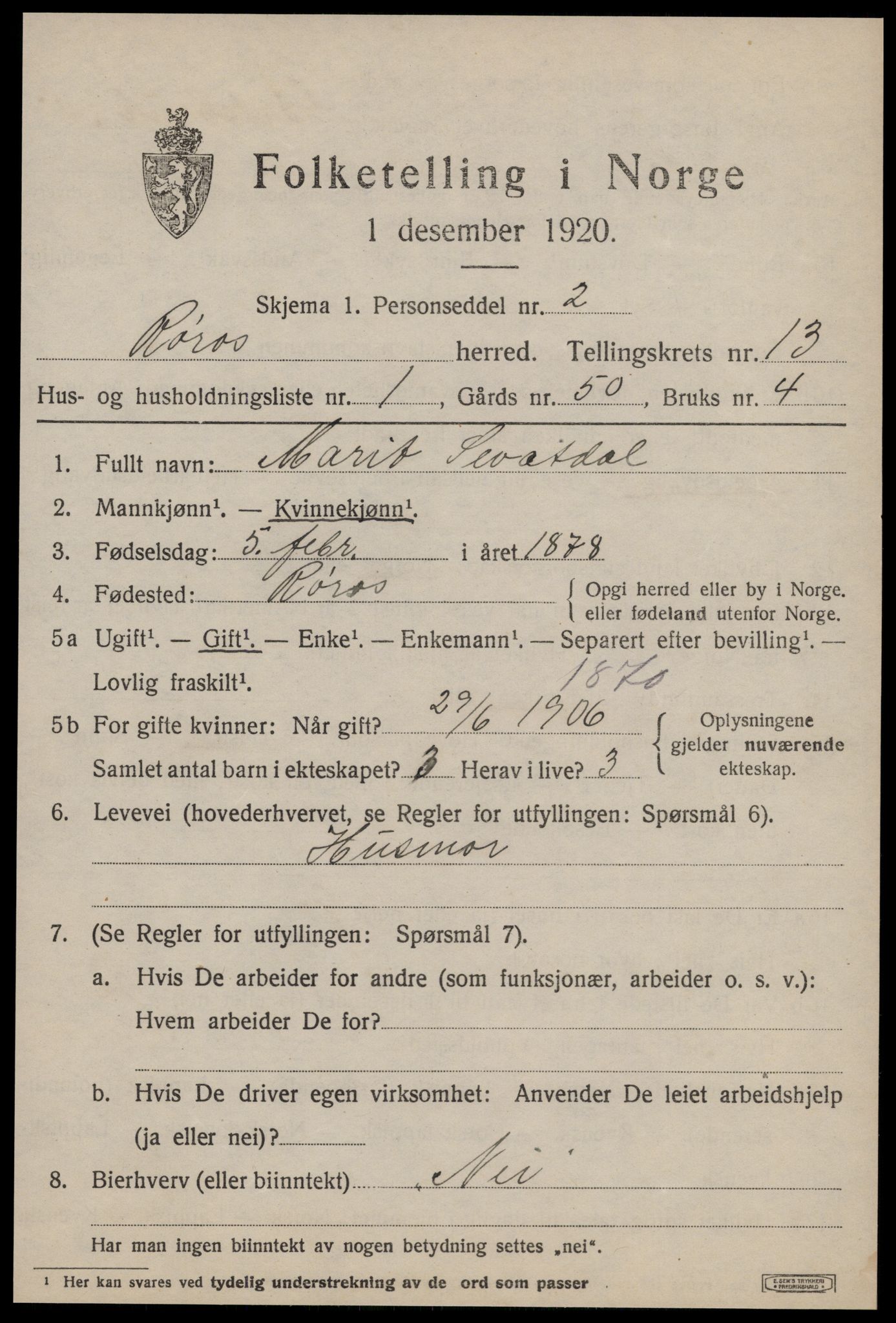 SAT, 1920 census for Røros, 1920, p. 9366