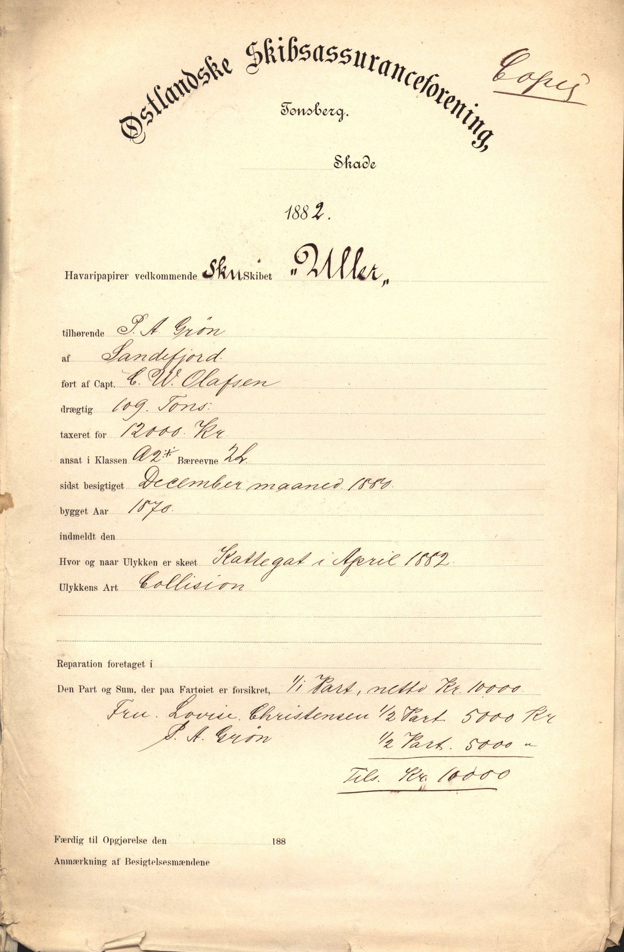 Pa 63 - Østlandske skibsassuranceforening, VEMU/A-1079/G/Ga/L0014/0011: Havaridokumenter / Agra, Anna, Jorsalfarer, Alfen, Uller, Solon, 1882, p. 49