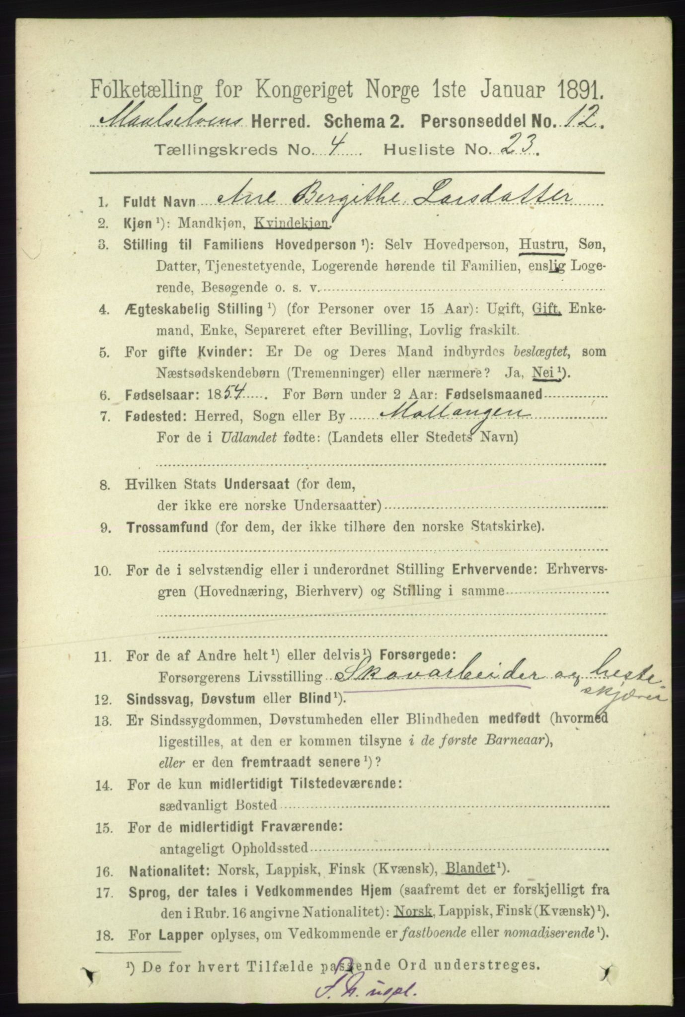 RA, 1891 census for 1924 Målselv, 1891, p. 1248