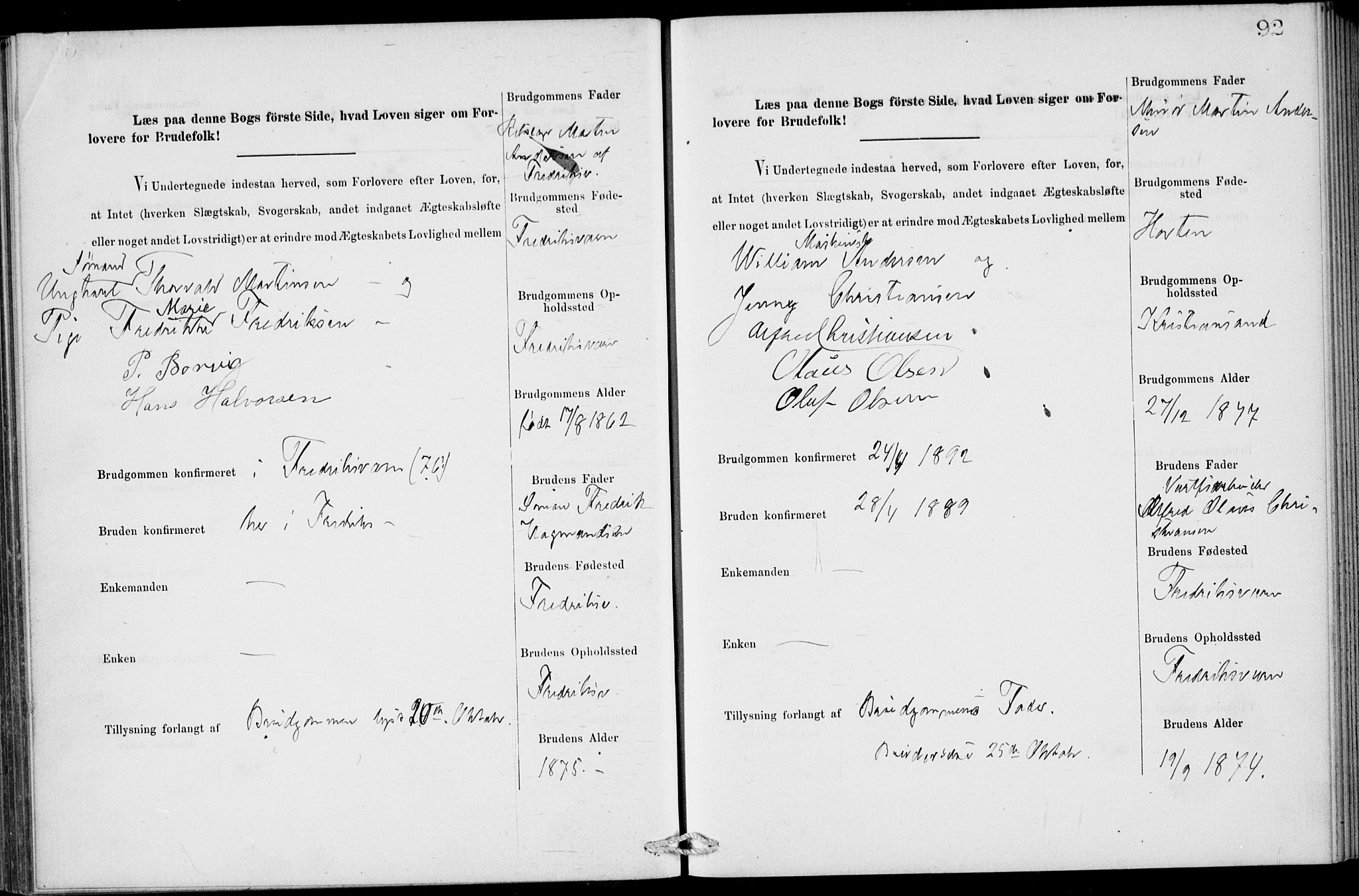 Stavern kirkebøker, AV/SAKO-A-318/H/Ha/L0001: Banns register no. 1, 1875-1918, p. 92