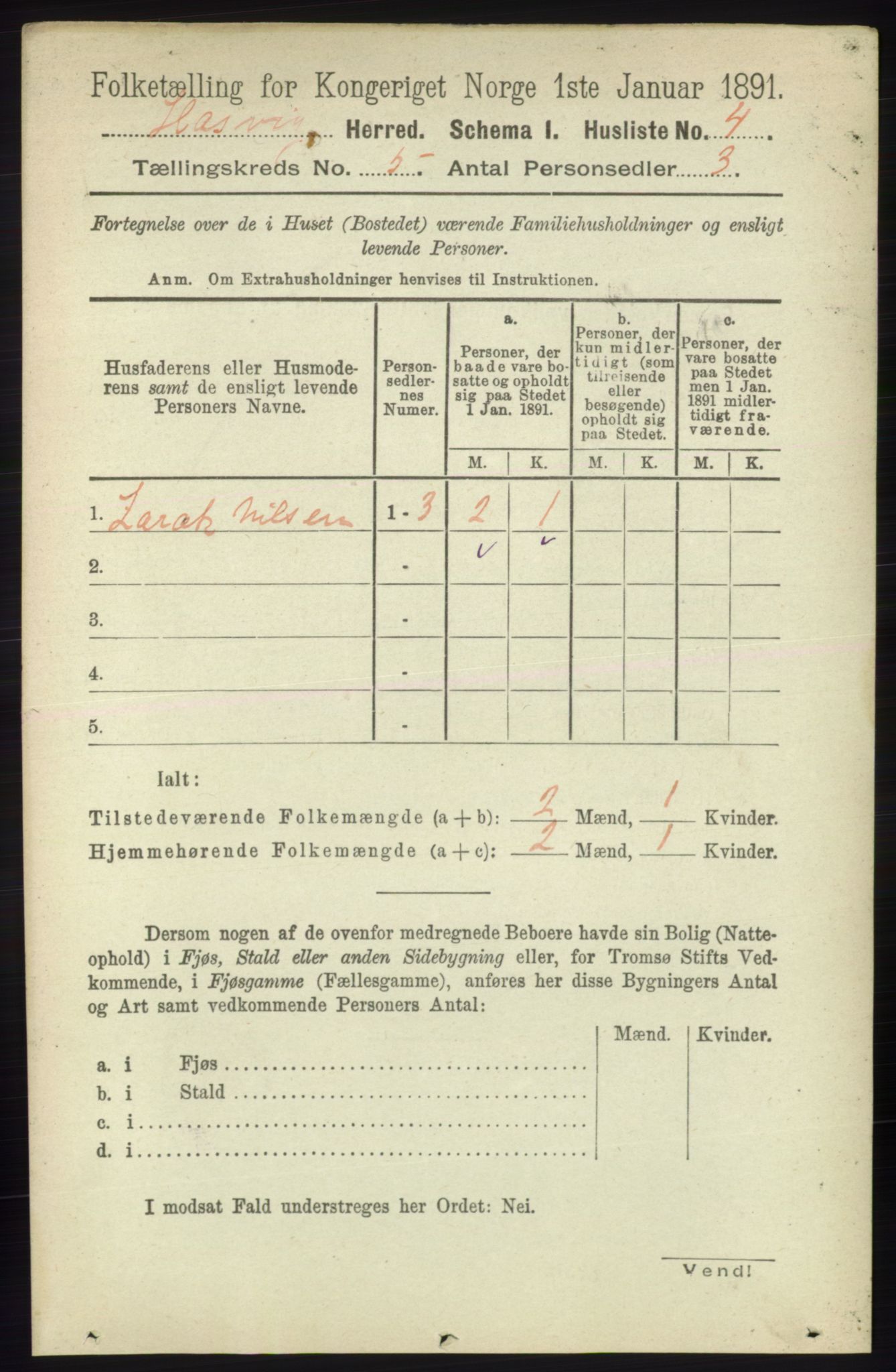 RA, 1891 census for 2015 Hasvik, 1891, p. 607