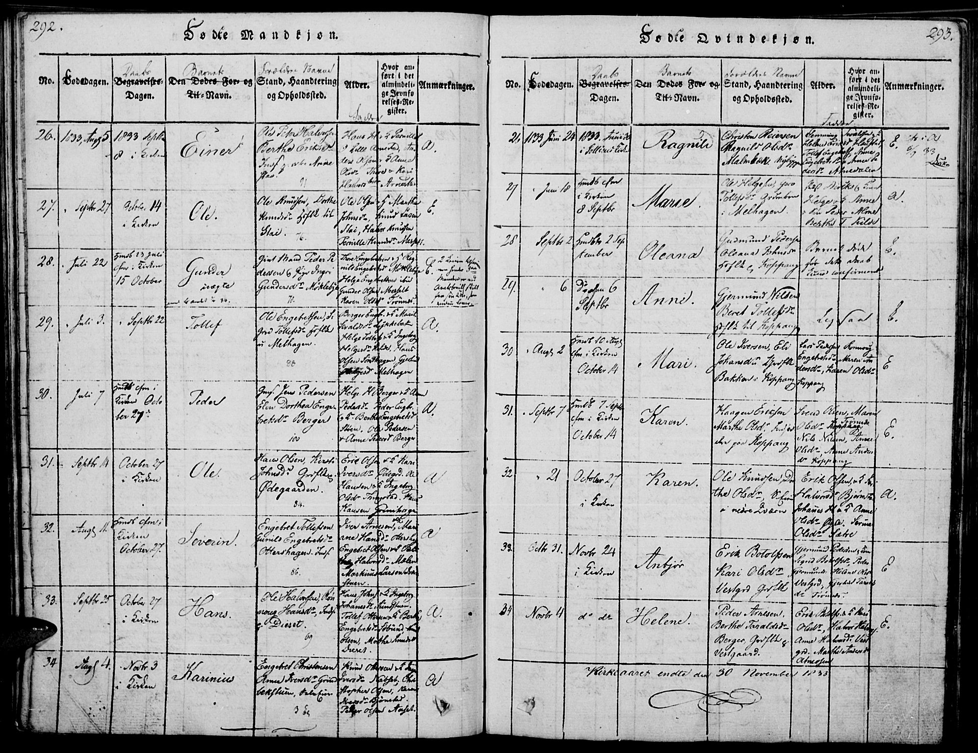 Åmot prestekontor, Hedmark, AV/SAH-PREST-056/H/Ha/Haa/L0005: Parish register (official) no. 5, 1815-1841, p. 292-293