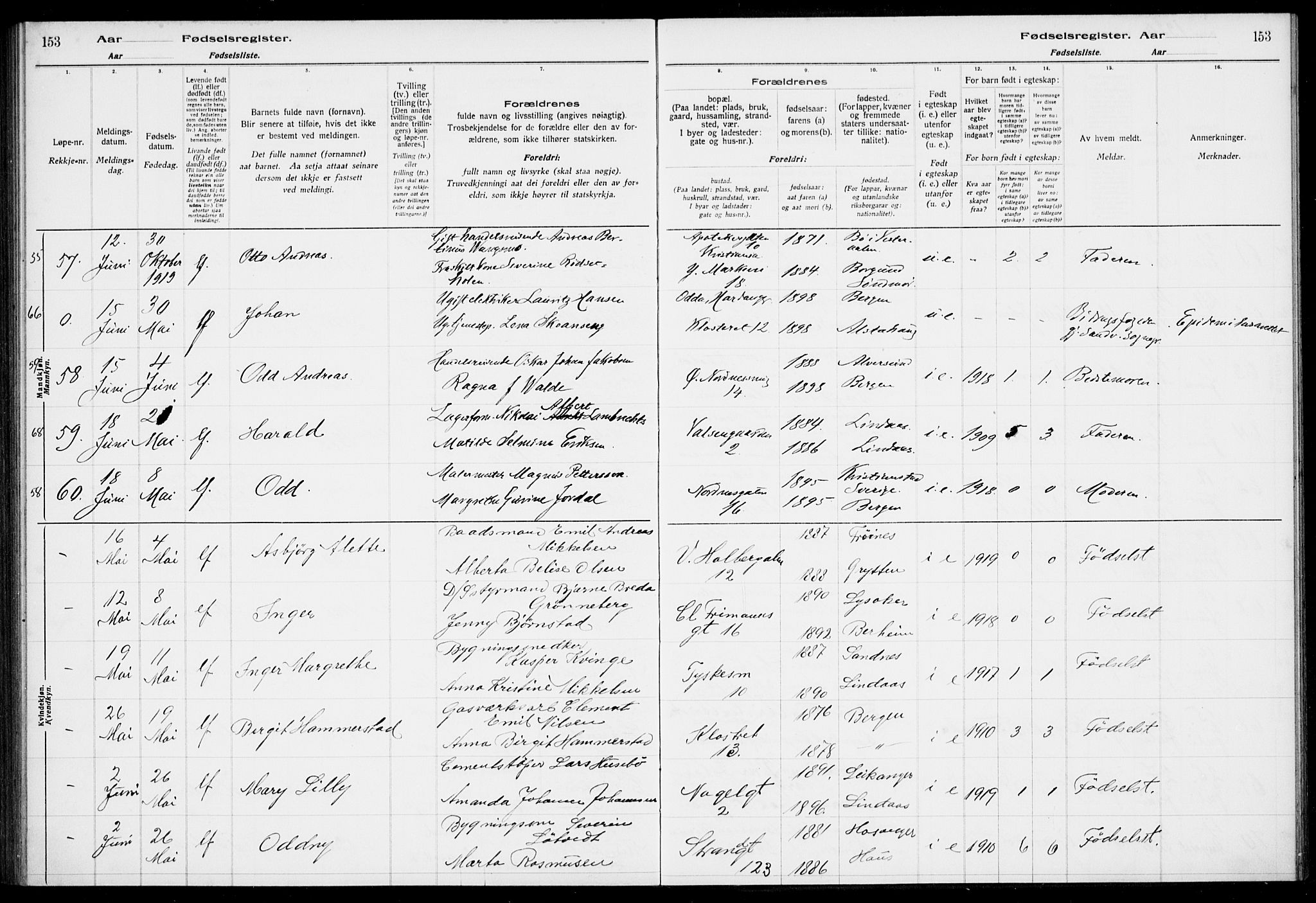 Nykirken Sokneprestembete, SAB/A-77101/I/Id/L00A1: Birth register no. A 1, 1916-1922, p. 153