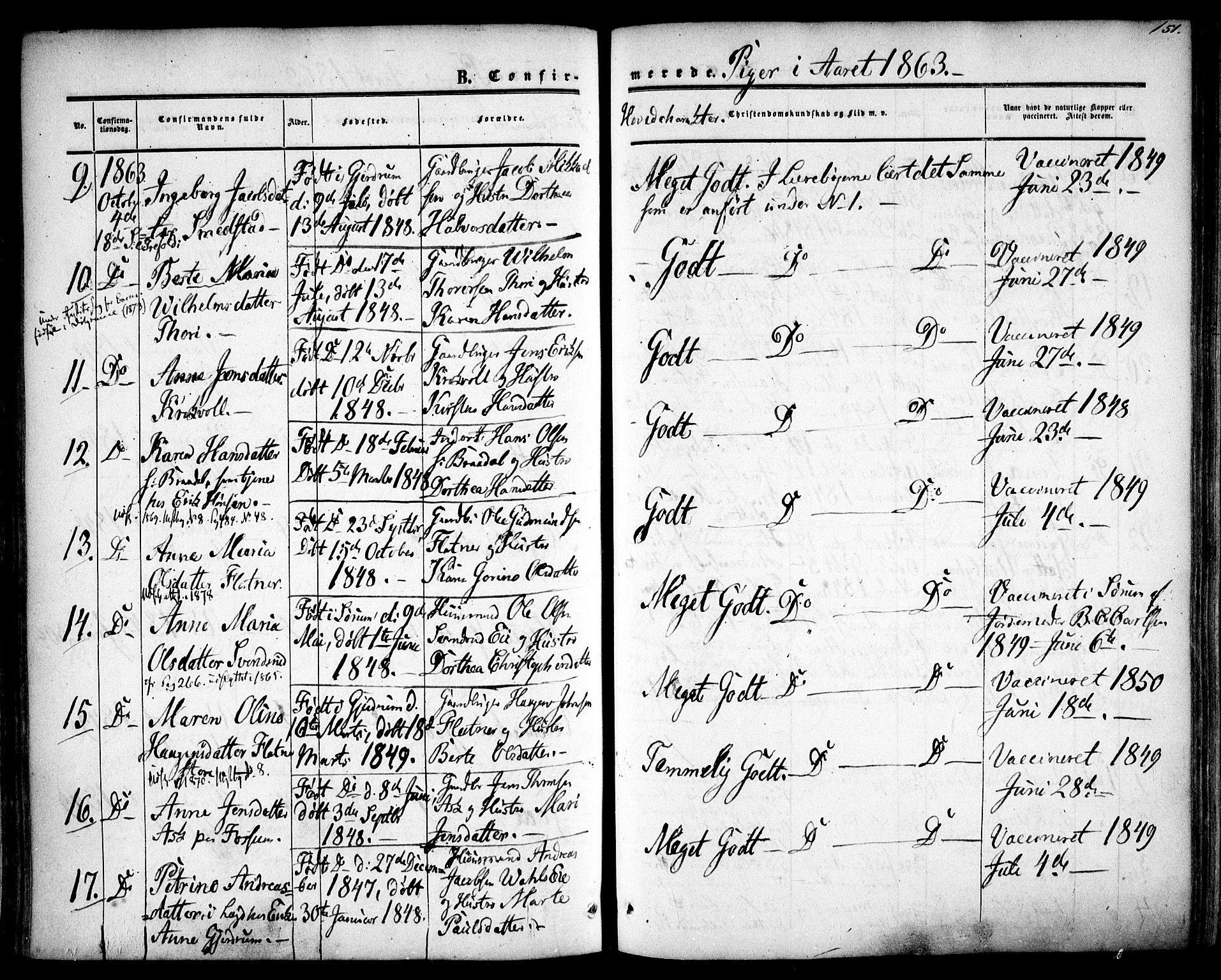Gjerdrum prestekontor Kirkebøker, SAO/A-10412b/F/Fa/L0007: Parish register (official) no. I 7, 1857-1866, p. 151