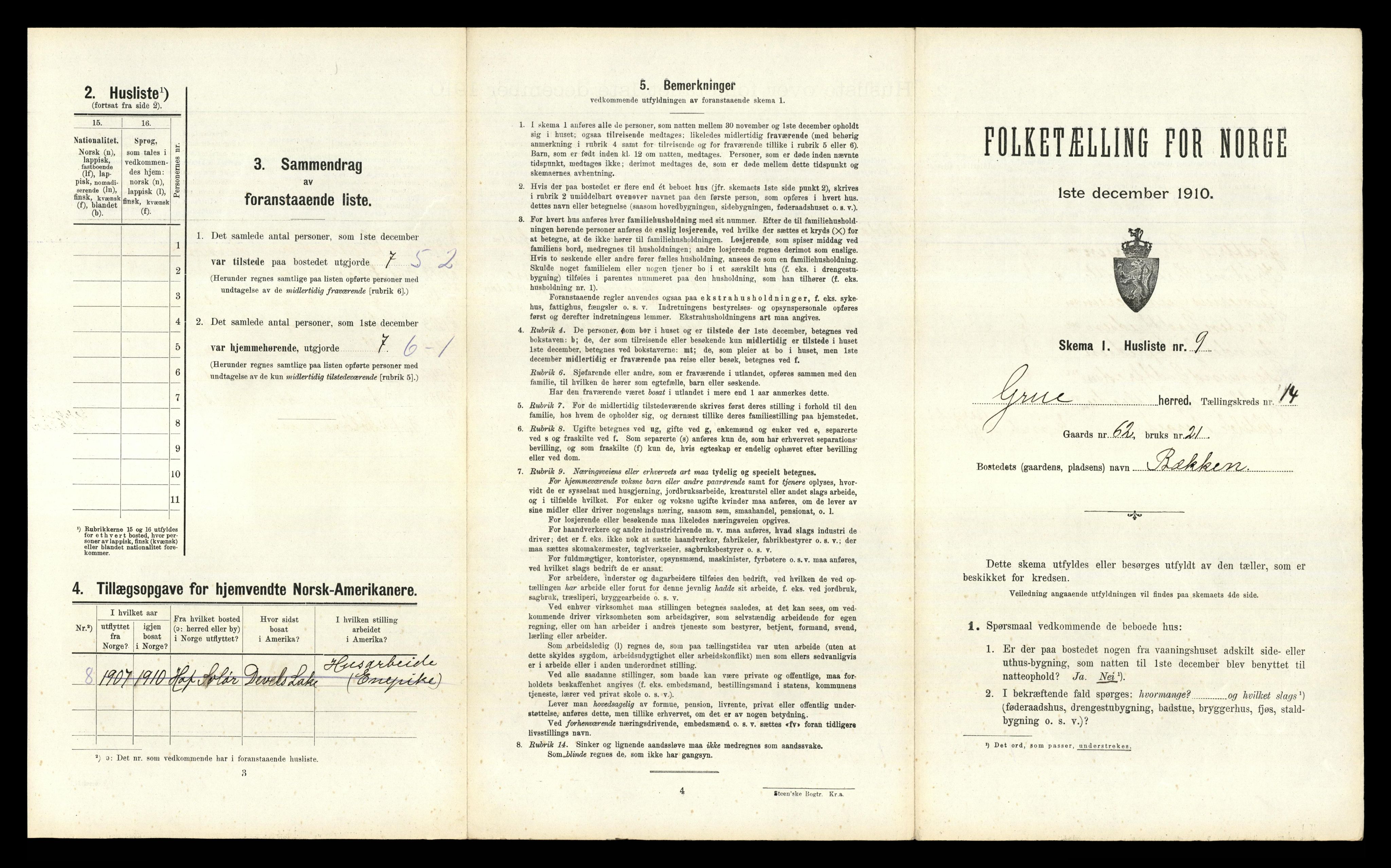 RA, 1910 census for Grue, 1910, p. 1717