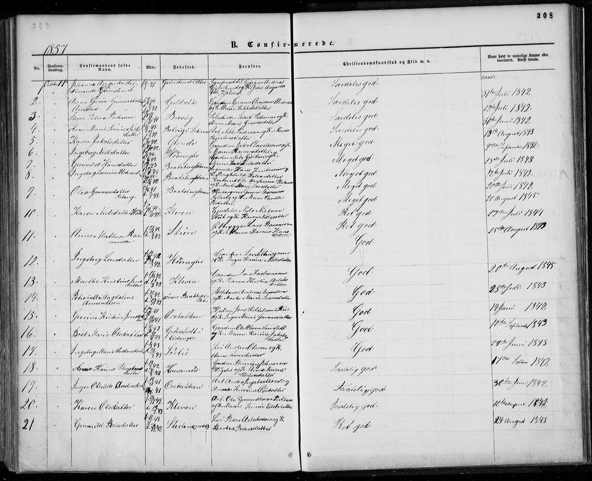 Gjerpen kirkebøker, SAKO/A-265/F/Fa/L0008a: Parish register (official) no. I 8A, 1857-1871, p. 208