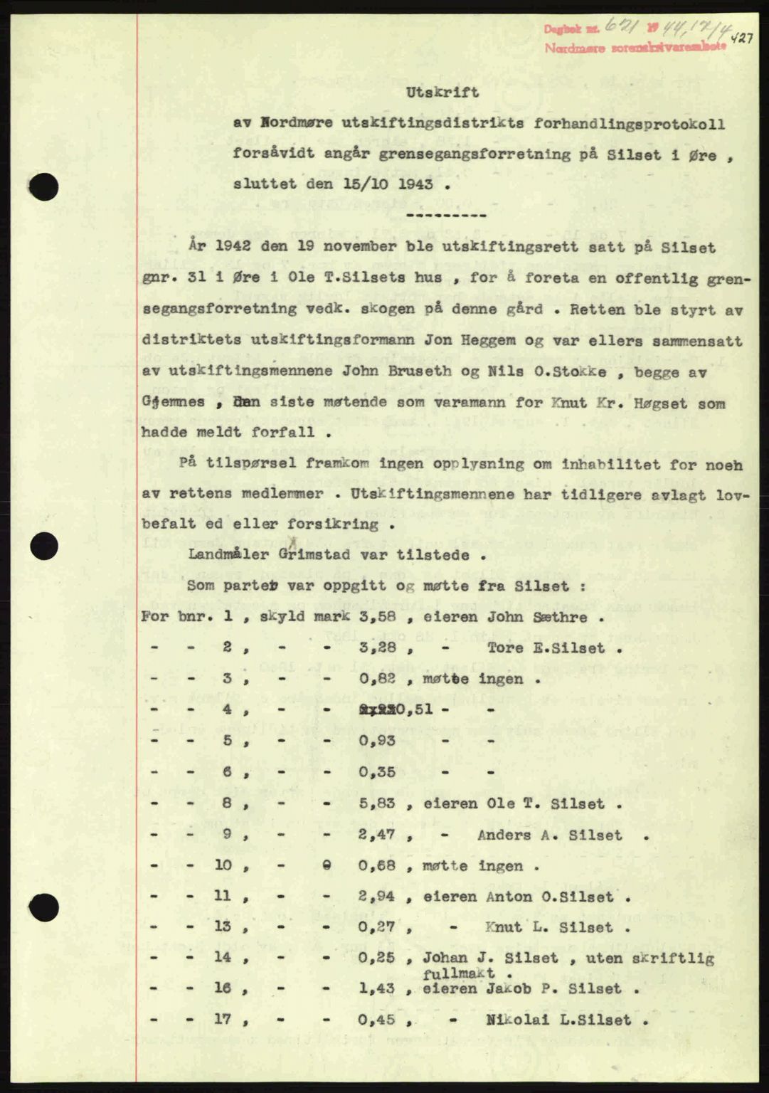 Nordmøre sorenskriveri, AV/SAT-A-4132/1/2/2Ca: Mortgage book no. A97, 1944-1944, Diary no: : 621/1944