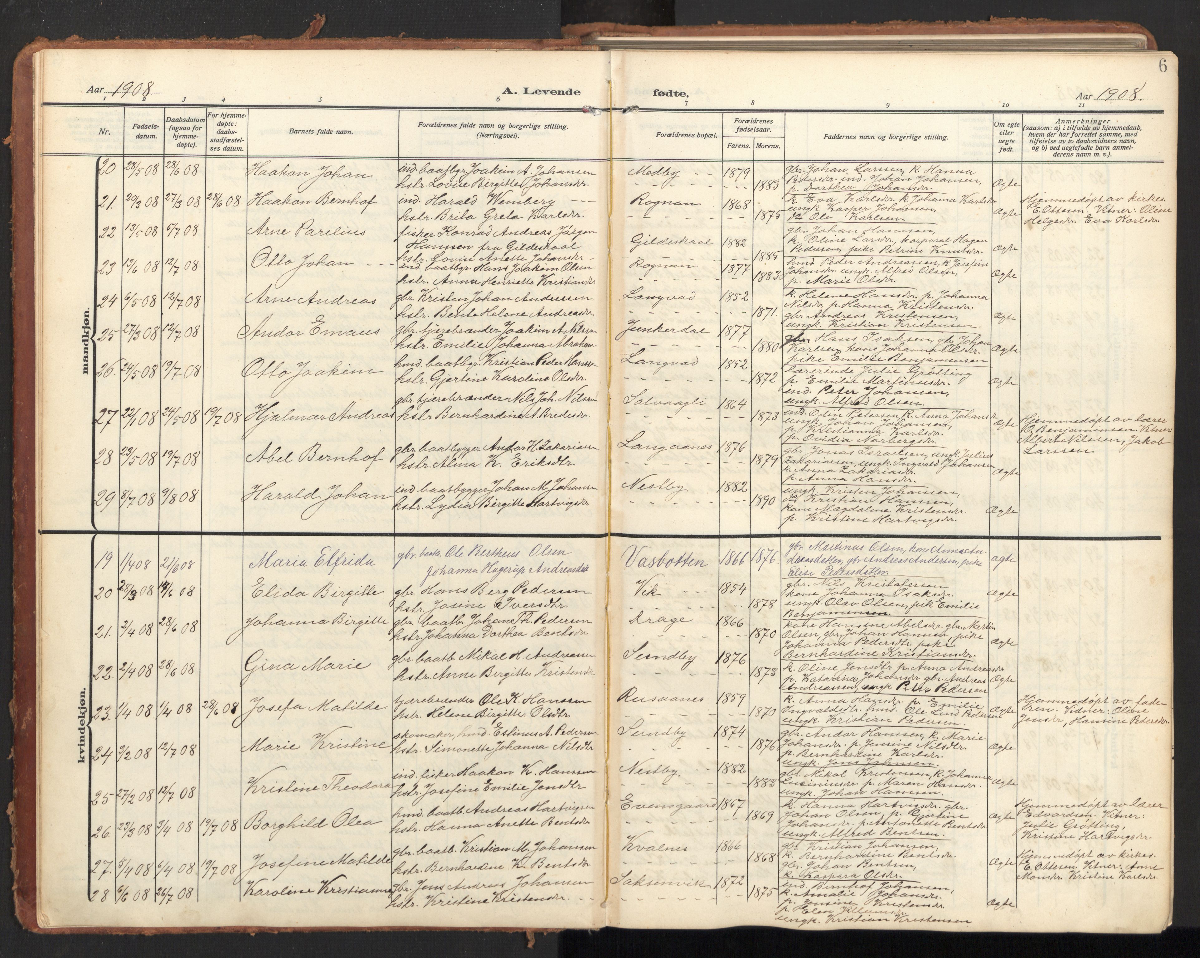 Ministerialprotokoller, klokkerbøker og fødselsregistre - Nordland, AV/SAT-A-1459/847/L0683: Parish register (copy) no. 847C11, 1908-1929, p. 6