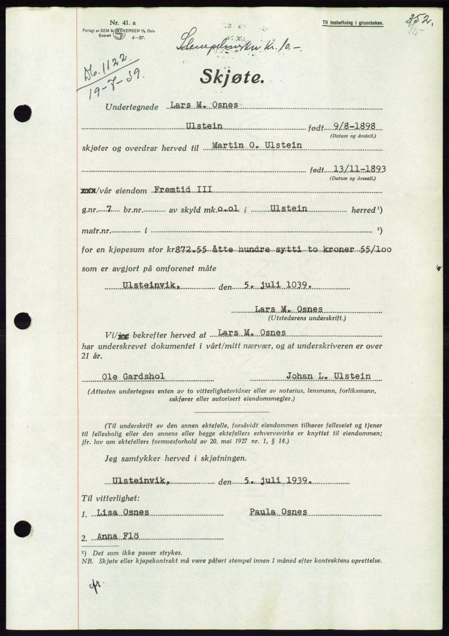 Søre Sunnmøre sorenskriveri, AV/SAT-A-4122/1/2/2C/L0068: Mortgage book no. 62, 1939-1939, Diary no: : 1122/1939