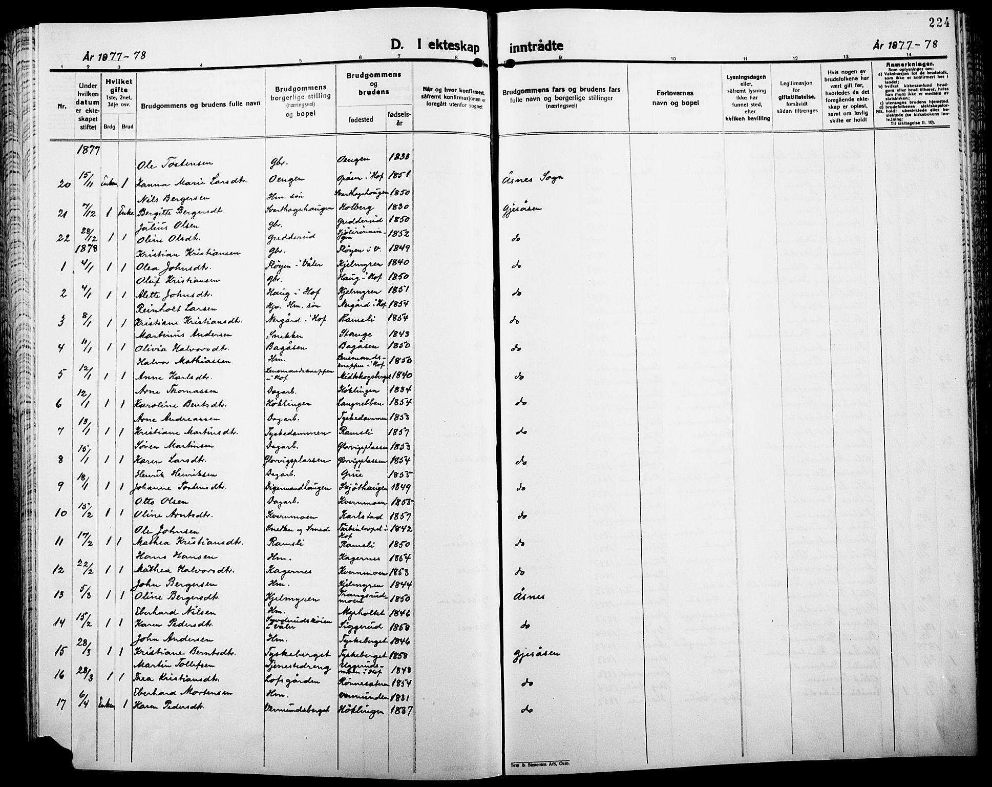 Åsnes prestekontor, AV/SAH-PREST-042/H/Ha/Haa/L0000B: Parish register (official), 1870-1889, p. 224