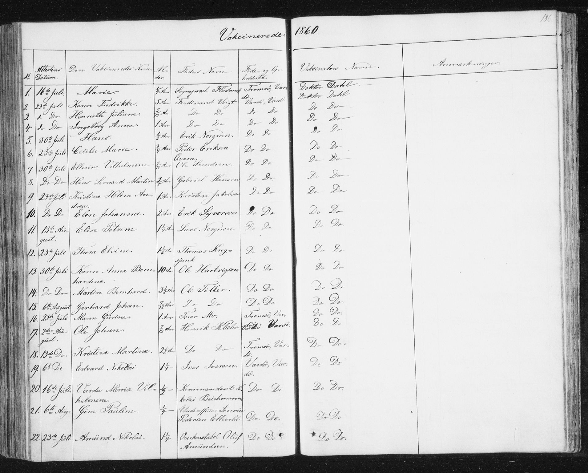 Vardø sokneprestkontor, SATØ/S-1332/H/Ha/L0003kirke: Parish register (official) no. 3, 1843-1861, p. 186