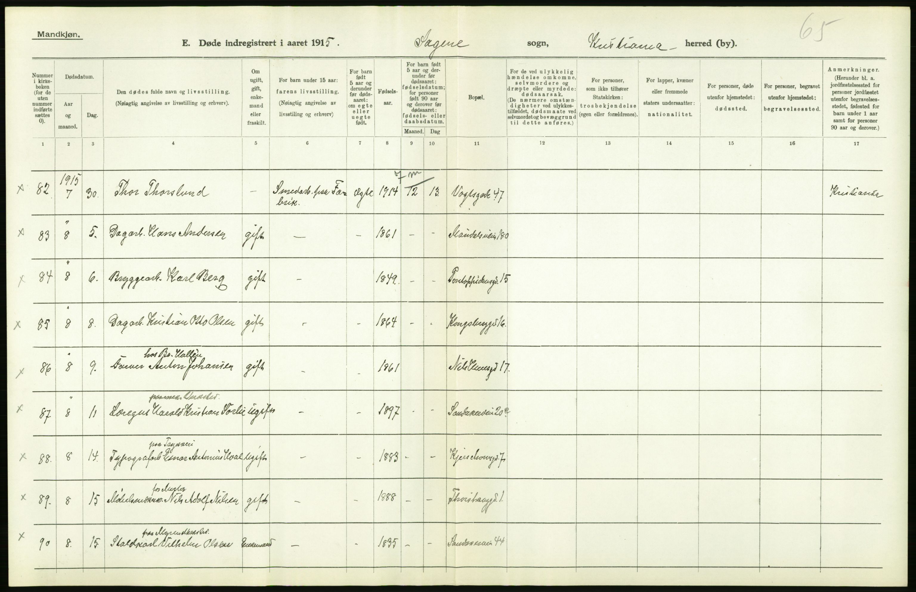 Statistisk sentralbyrå, Sosiodemografiske emner, Befolkning, AV/RA-S-2228/D/Df/Dfb/Dfbe/L0009: Kristiania: Døde., 1915, p. 18
