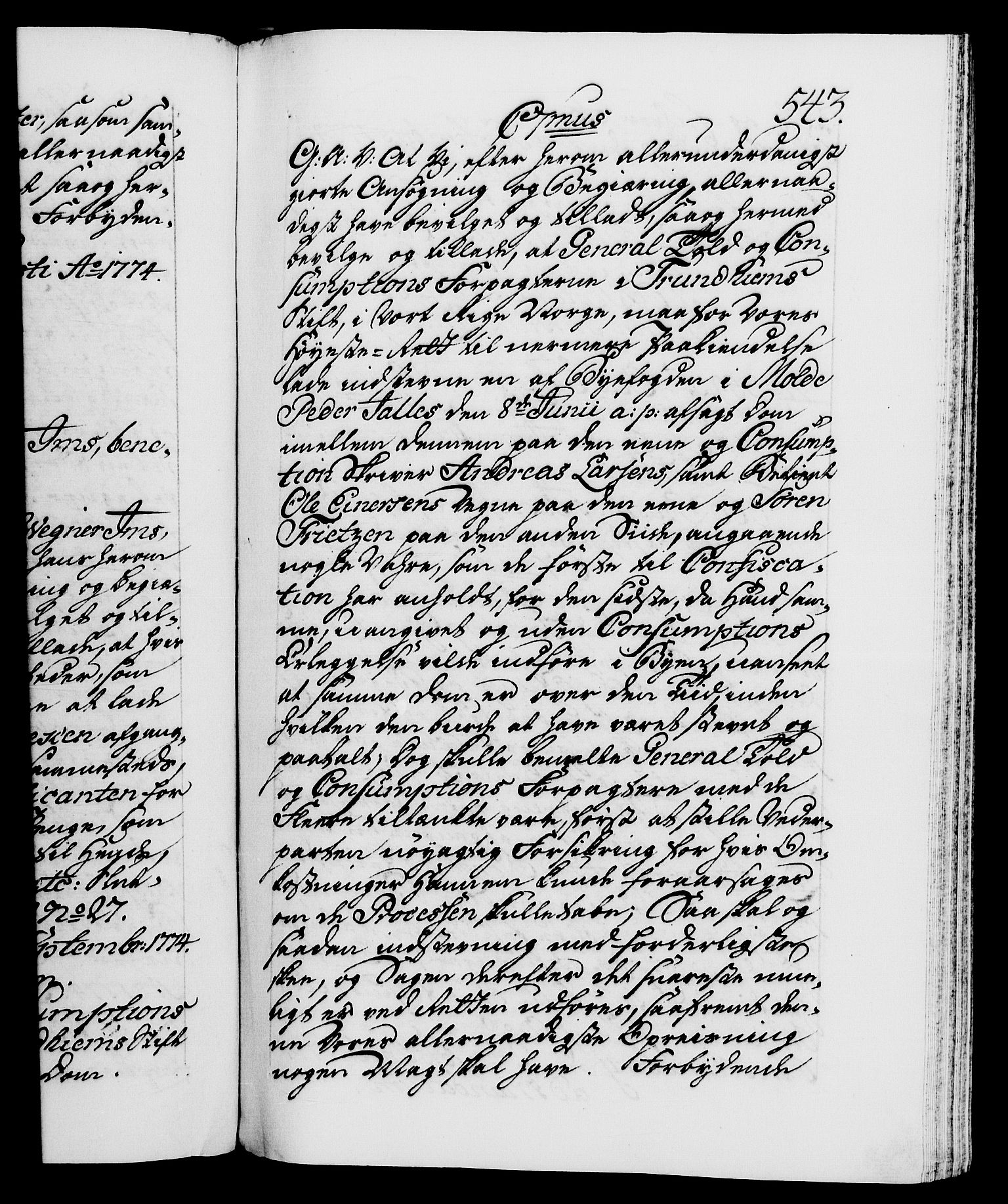 Danske Kanselli 1572-1799, RA/EA-3023/F/Fc/Fca/Fcaa/L0046: Norske registre, 1773-1775, p. 543a