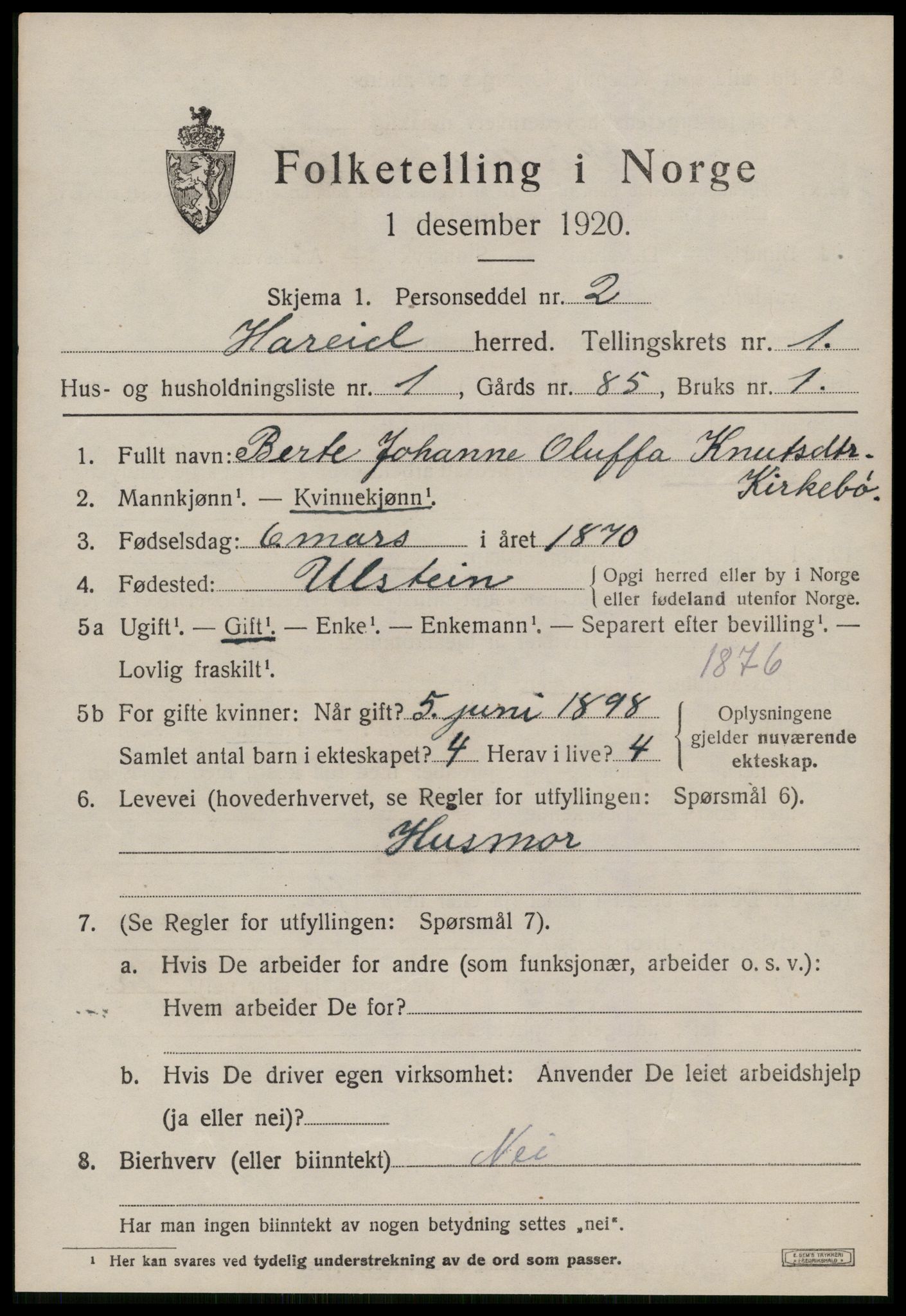 SAT, 1920 census for Hareid, 1920, p. 737