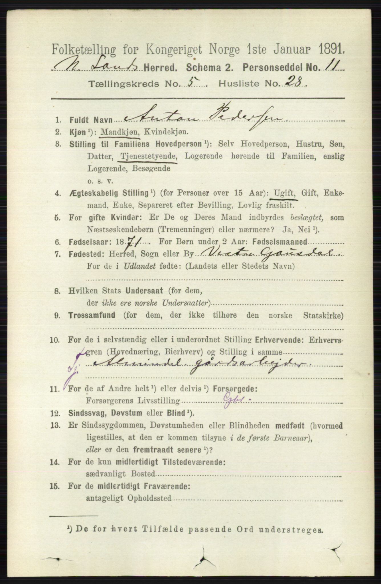 RA, 1891 census for 0538 Nordre Land, 1891, p. 1717