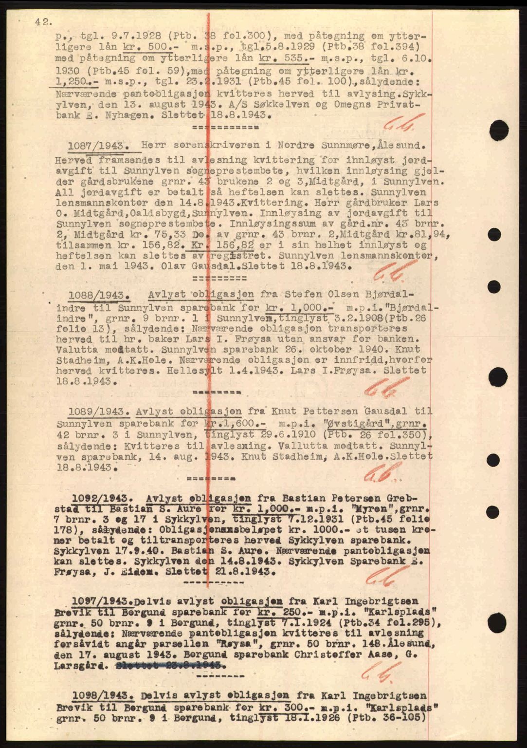 Nordre Sunnmøre sorenskriveri, SAT/A-0006/1/2/2C/2Ca: Mortgage book no. B1-6, 1938-1942, Diary no: : 1087/1943