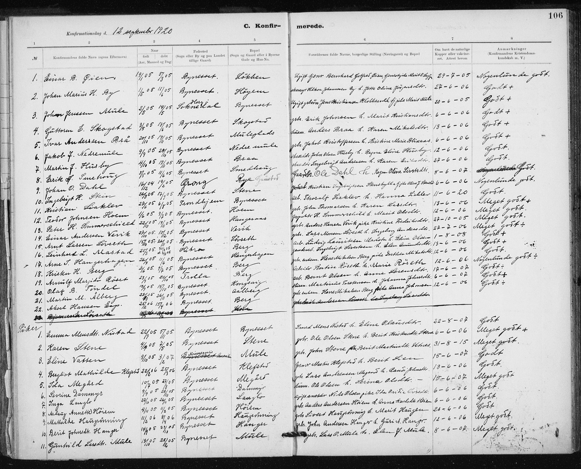 Ministerialprotokoller, klokkerbøker og fødselsregistre - Sør-Trøndelag, SAT/A-1456/612/L0381: Parish register (official) no. 612A13, 1907-1923, p. 106