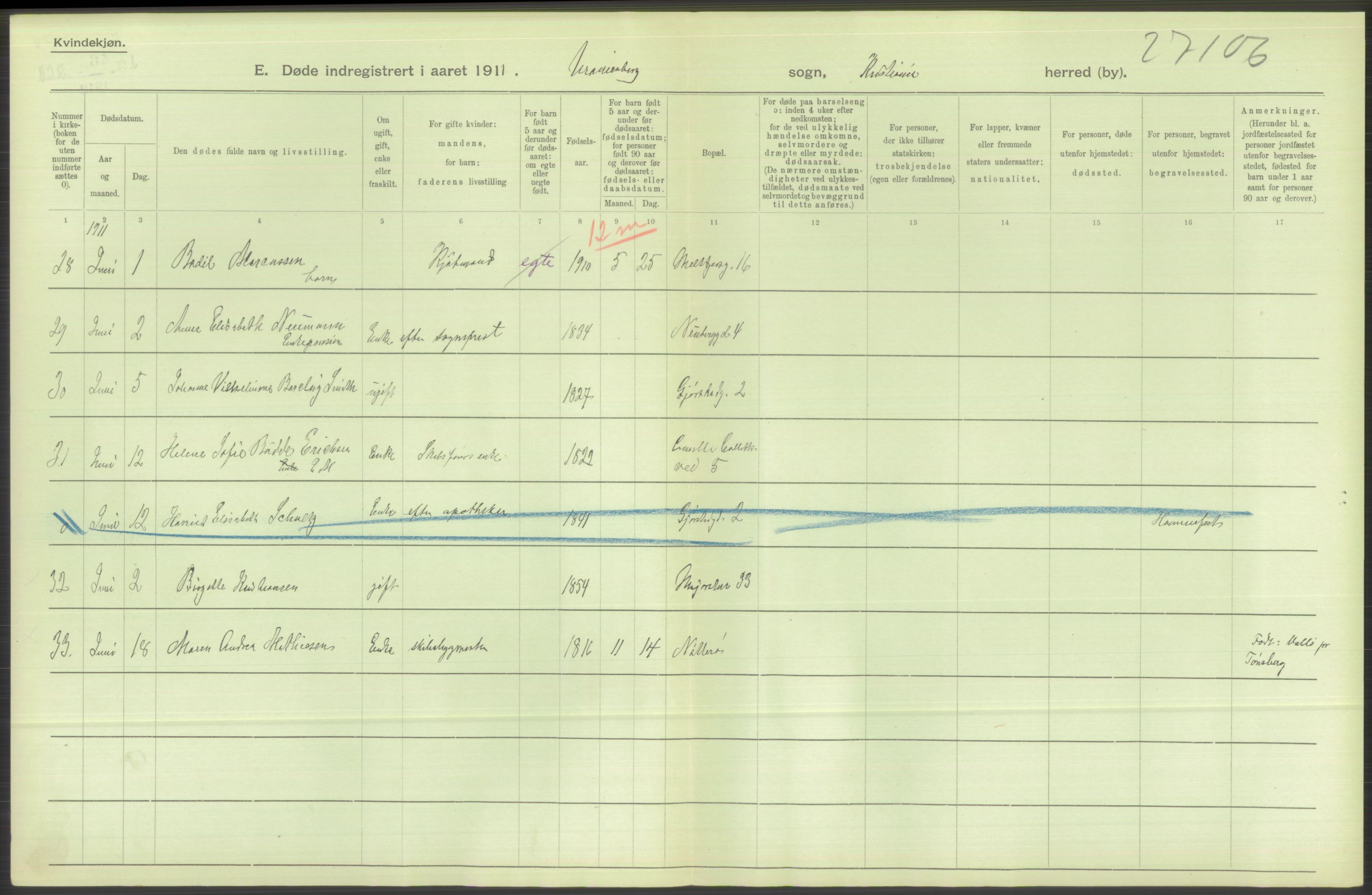 Statistisk sentralbyrå, Sosiodemografiske emner, Befolkning, RA/S-2228/D/Df/Dfb/Dfba/L0010: Kristiania: Døde kvinner samt dødfødte., 1911, p. 596