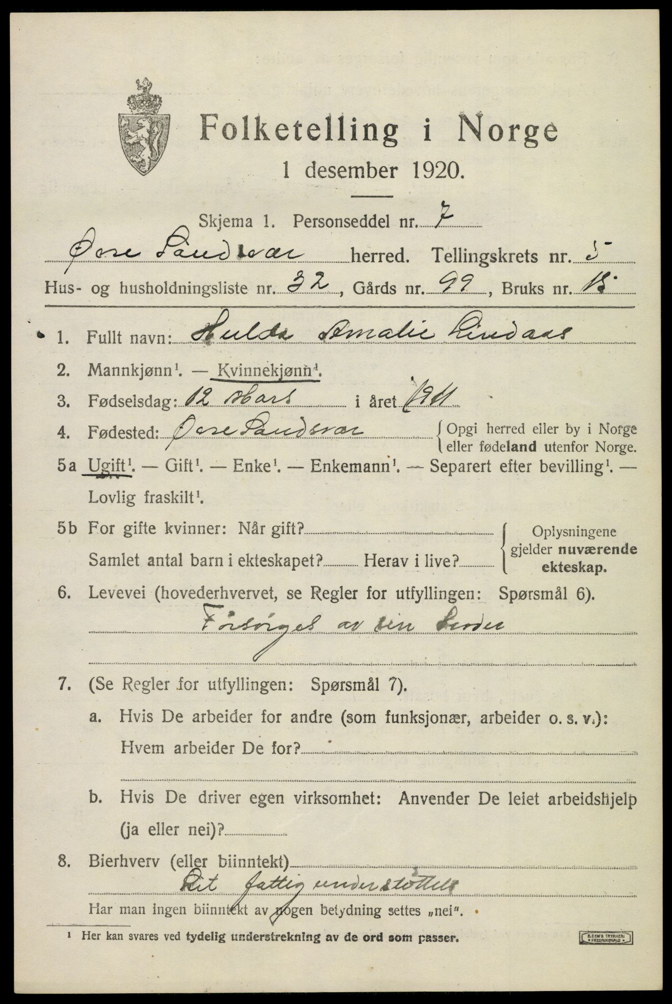 SAKO, 1920 census for Øvre Sandsvær, 1920, p. 3162