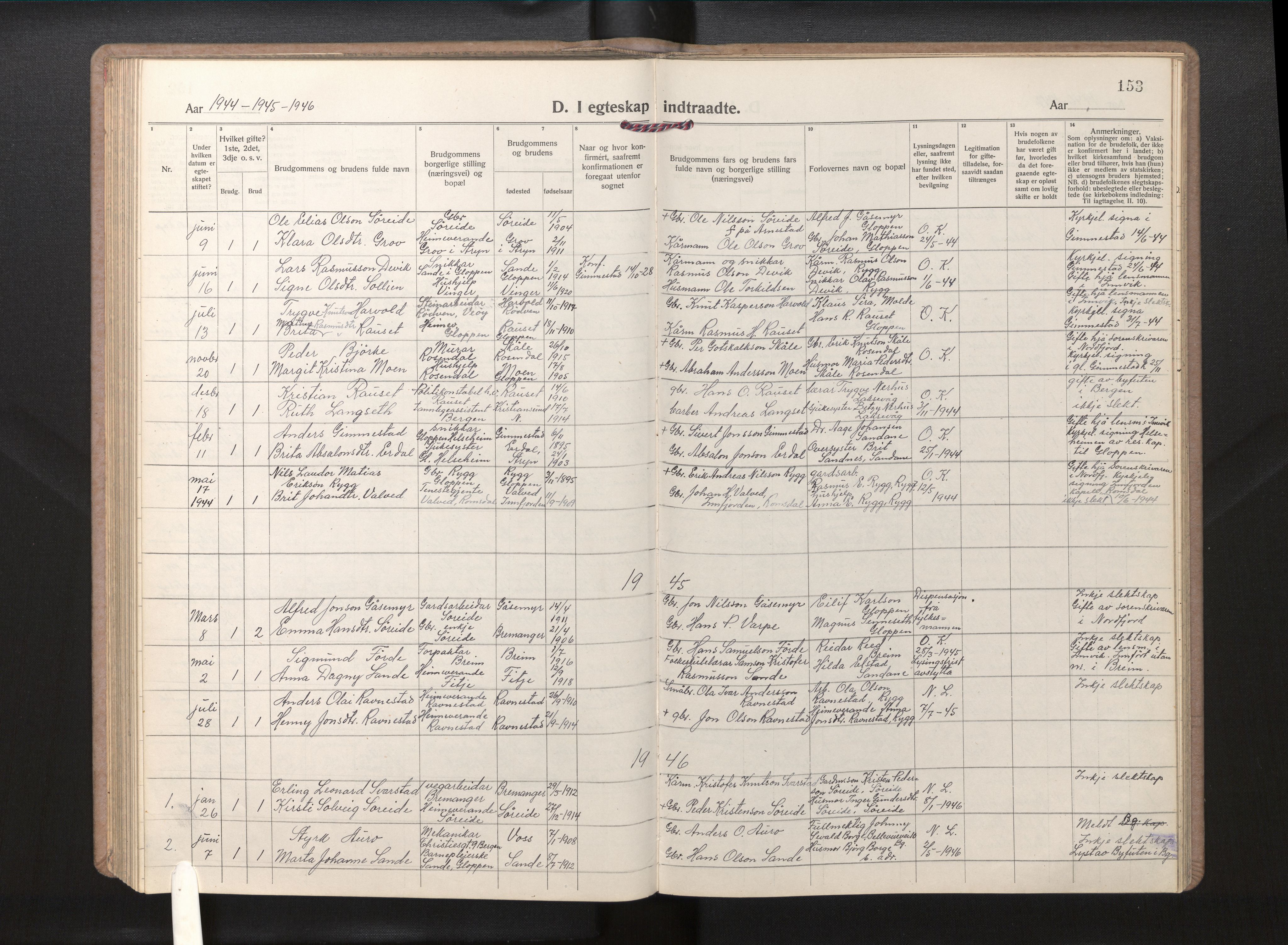 Gloppen sokneprestembete, SAB/A-80101/H/Hab/Habd/L0002: Parish register (copy) no. D 2, 1921-1967, p. 152b-153a