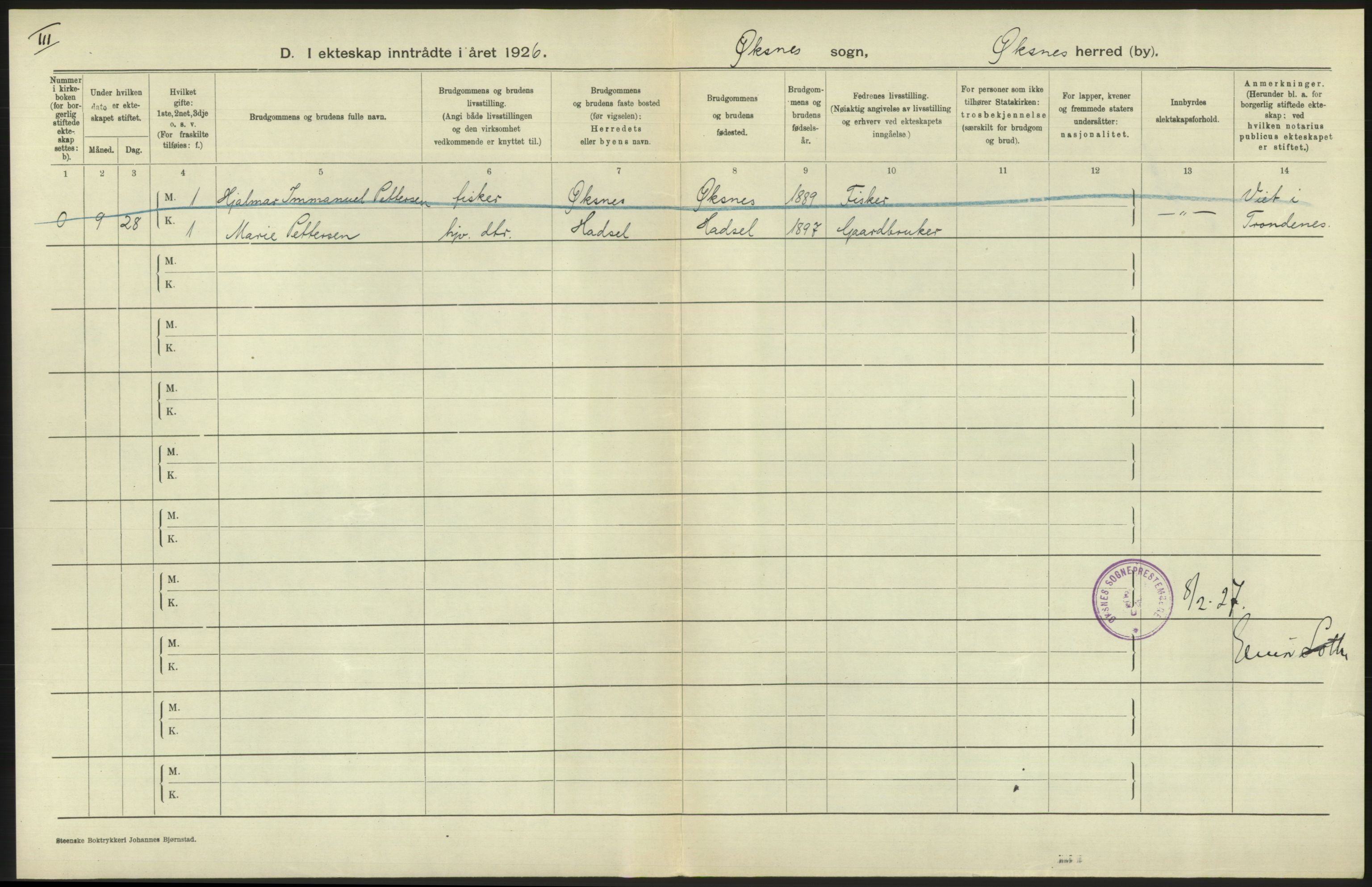 Statistisk sentralbyrå, Sosiodemografiske emner, Befolkning, AV/RA-S-2228/D/Df/Dfc/Dfcf/L0040: Nordland fylke: Levendefødte menn og kvinner. Byer, samt gifte, dødfødte. Bygder og byer., 1926, p. 390