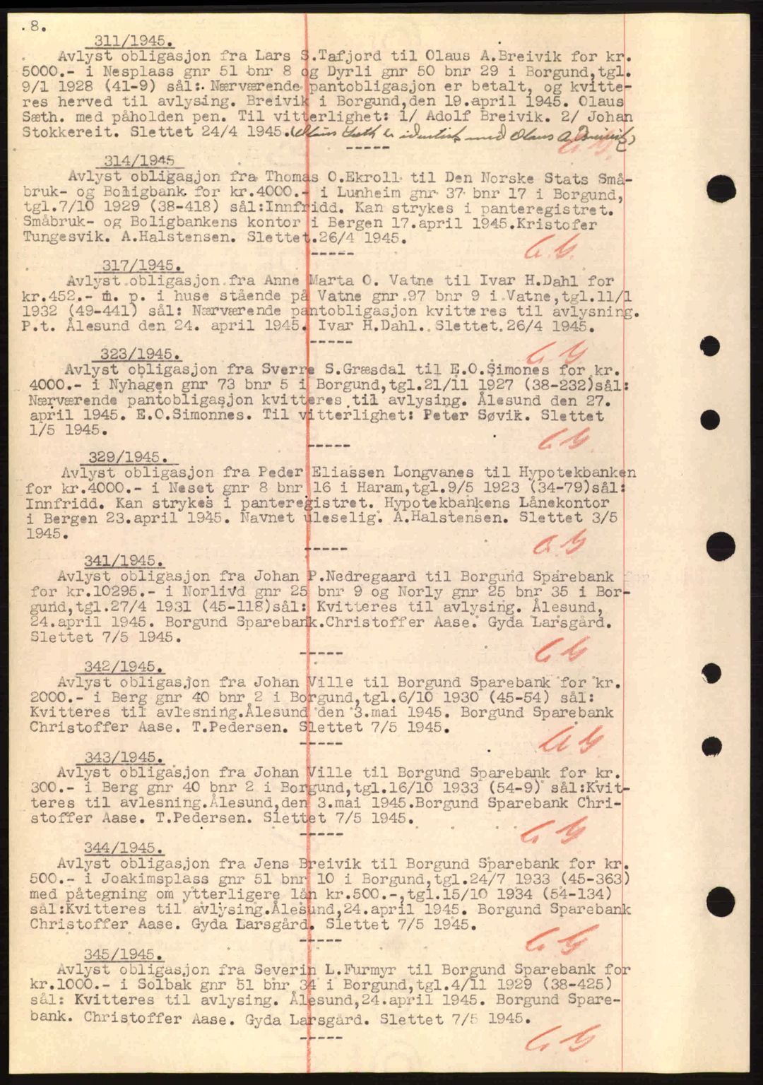 Nordre Sunnmøre sorenskriveri, SAT/A-0006/1/2/2C/2Ca: Mortgage book no. B6-14 a, 1942-1945, Diary no: : 311/1945