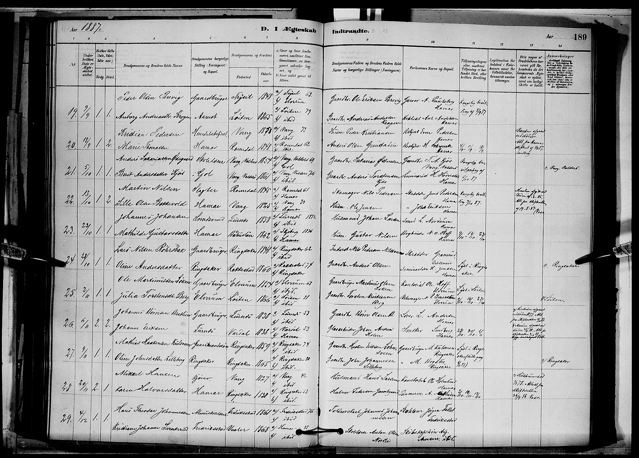 Vang prestekontor, Hedmark, SAH/PREST-008/H/Ha/Hab/L0012: Parish register (copy) no. 12, 1878-1889, p. 189
