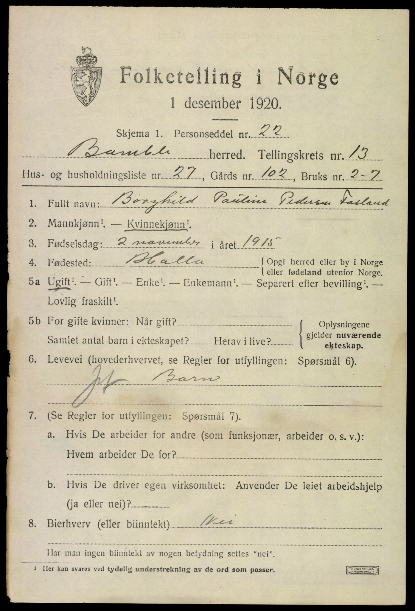 SAKO, 1920 census for Bamble, 1920, p. 9863