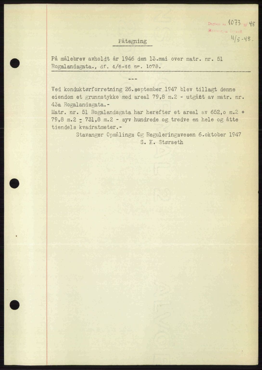 Stavanger byrett, SAST/A-100455/002/G/Gb/L0022: Mortgage book no. A11, 1947-1948, Diary no: : 1073/1948