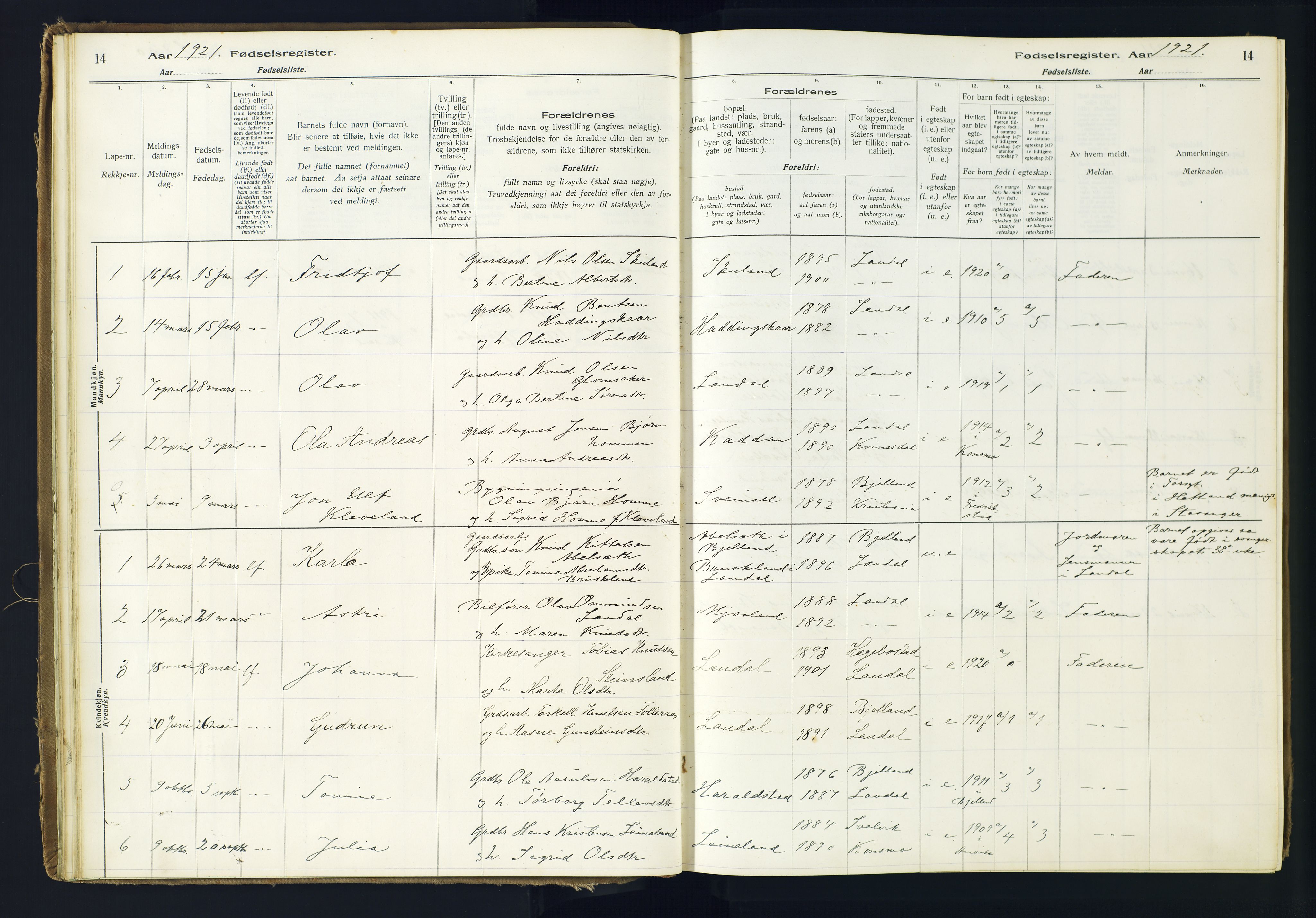 Holum sokneprestkontor, SAK/1111-0022/J/Ja/L0001: Birth register no. II.6.10, 1916-1982, p. 14