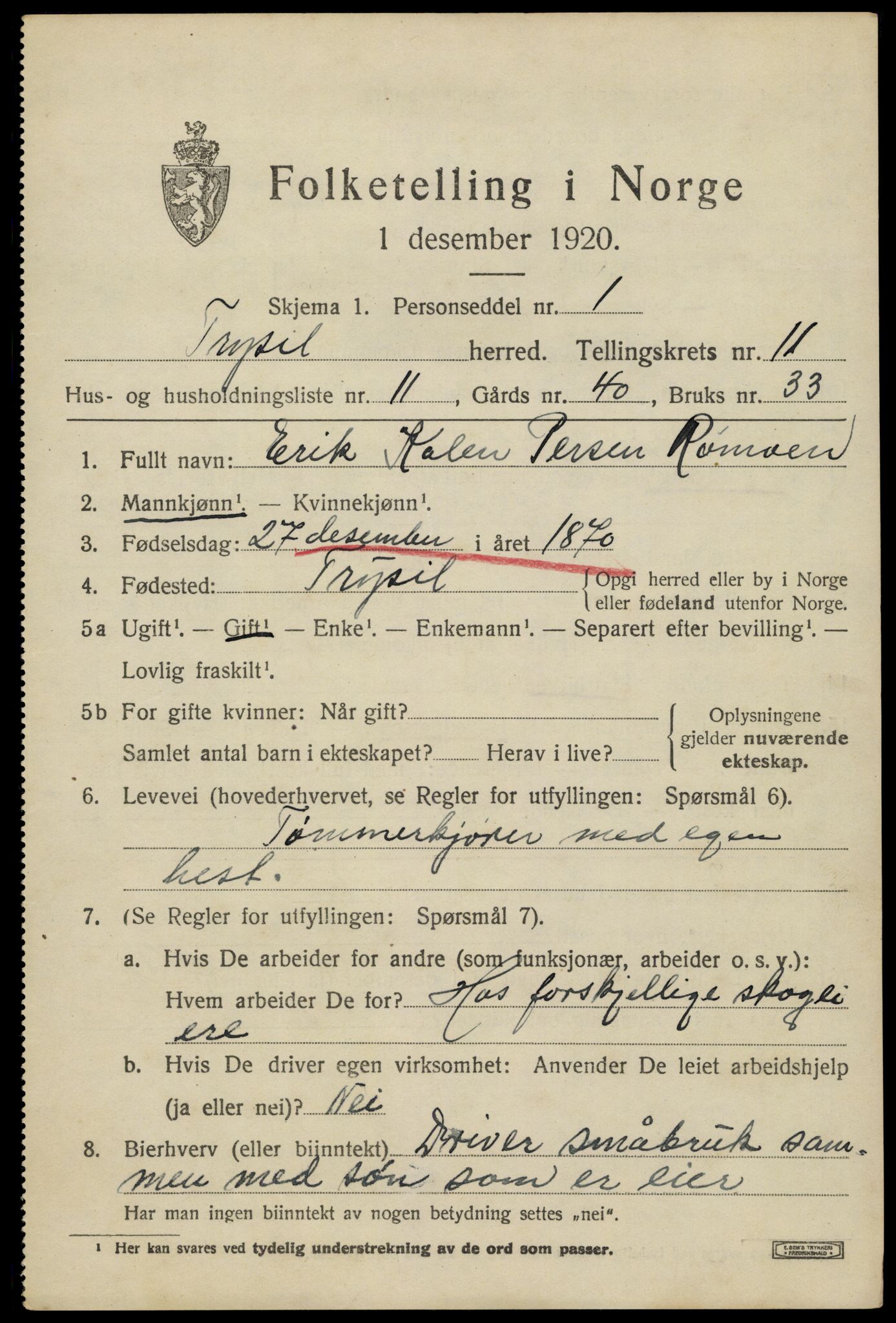 SAH, 1920 census for Trysil, 1920, p. 7075