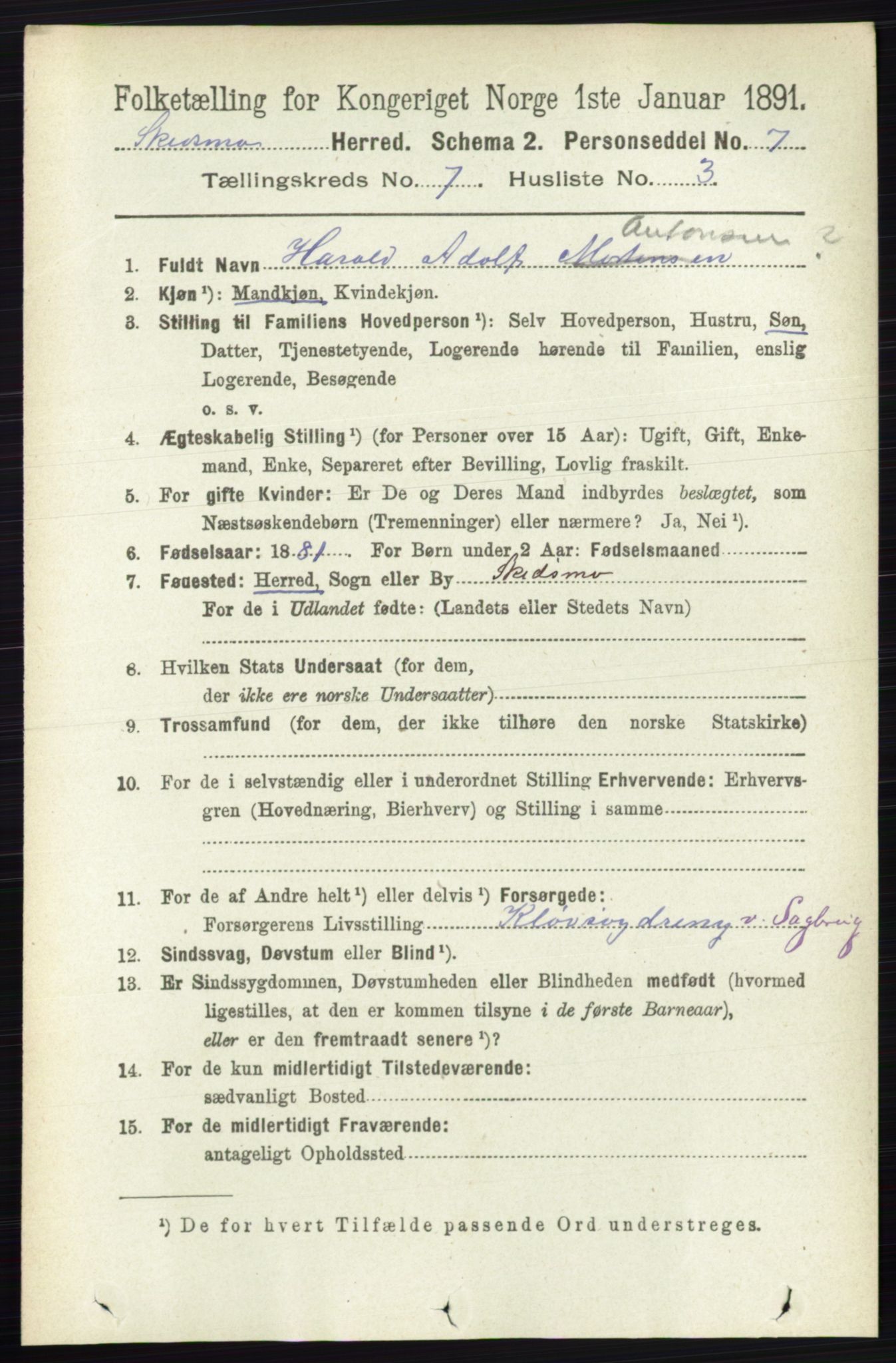 RA, 1891 census for 0231 Skedsmo, 1891, p. 3367