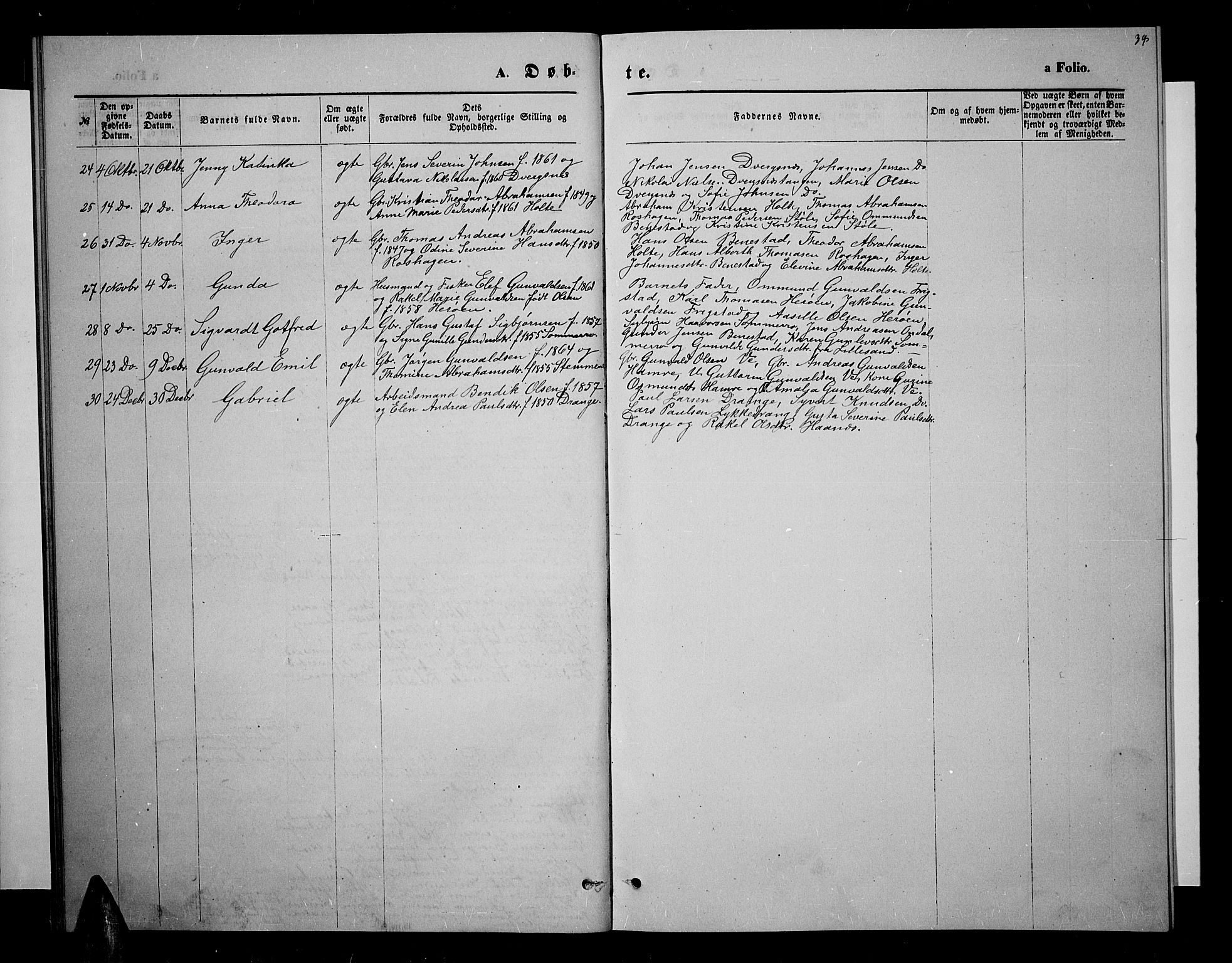 Oddernes sokneprestkontor, SAK/1111-0033/F/Fb/Fbb/L0001: Parish register (copy) no. B 1, 1871-1888, p. 34