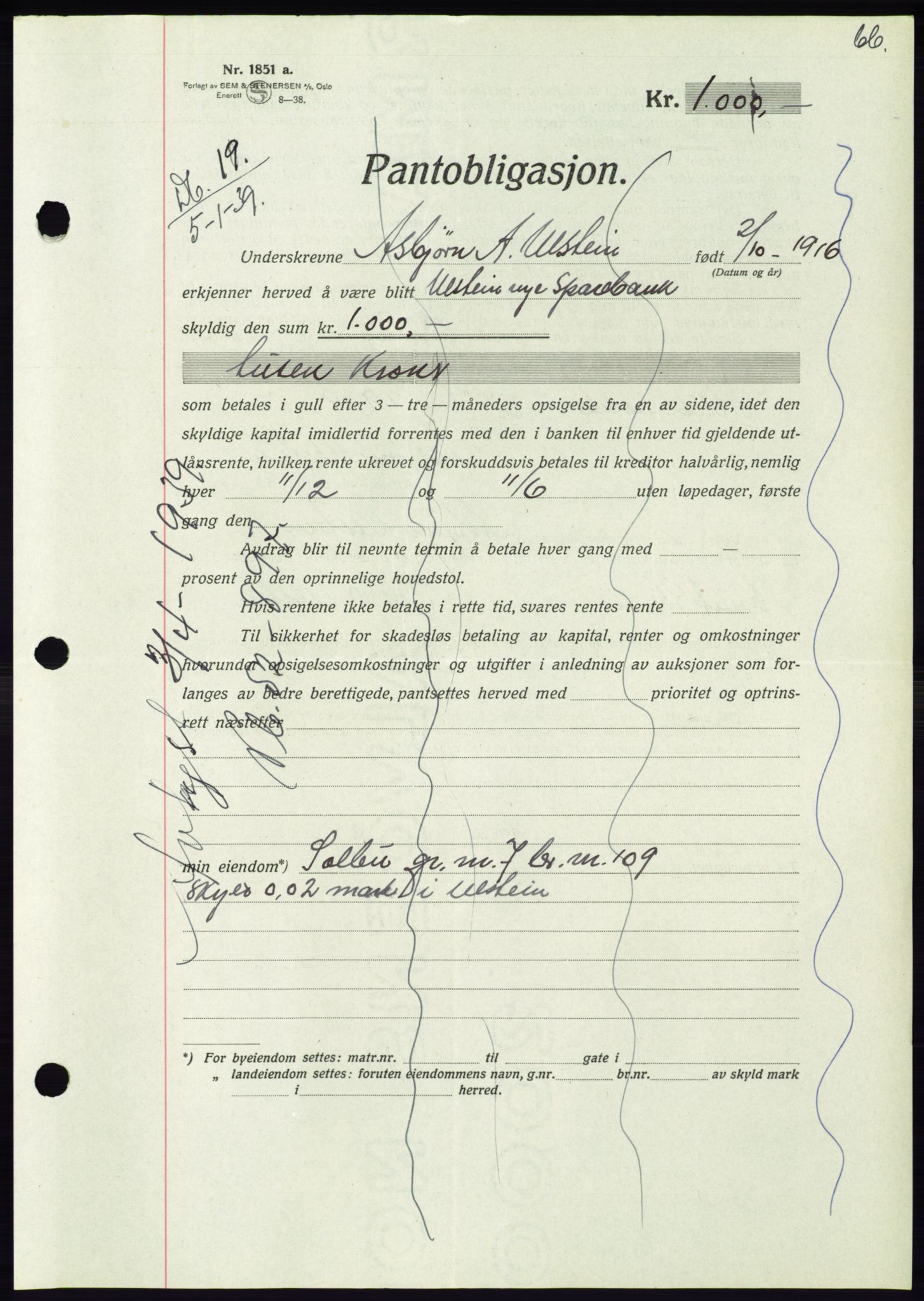 Søre Sunnmøre sorenskriveri, AV/SAT-A-4122/1/2/2C/L0067: Mortgage book no. 61, 1938-1939, Diary no: : 19/1939