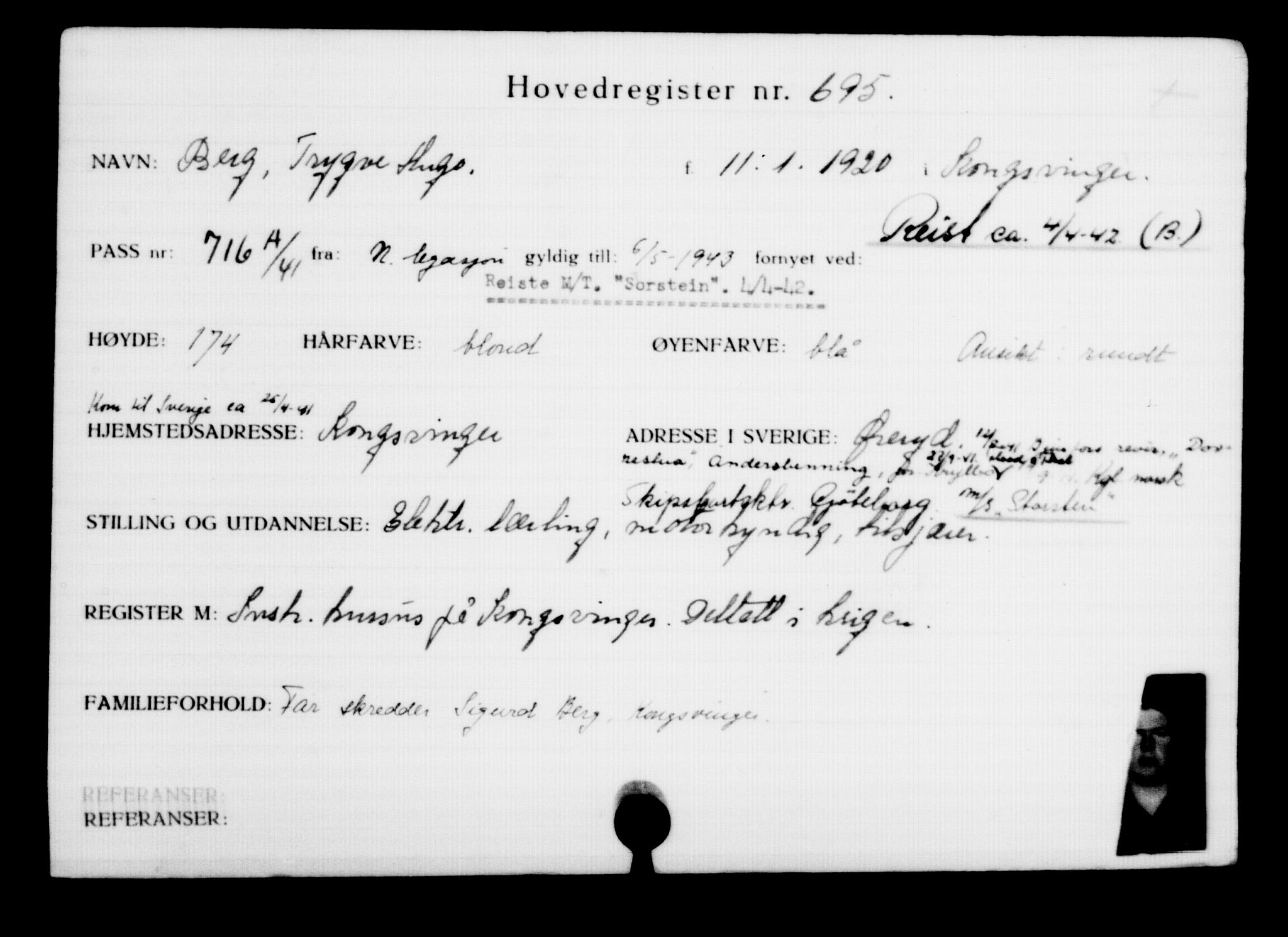 Utenriksstasjonene, Legasjonen i Stockholm, Flyktningkontoret, AV/RA-S-6753/V/Va/L0001: Kjesäterkartoteket, flyktninger med registreringsnr. 1-1000, 1940-1945, p. 1089